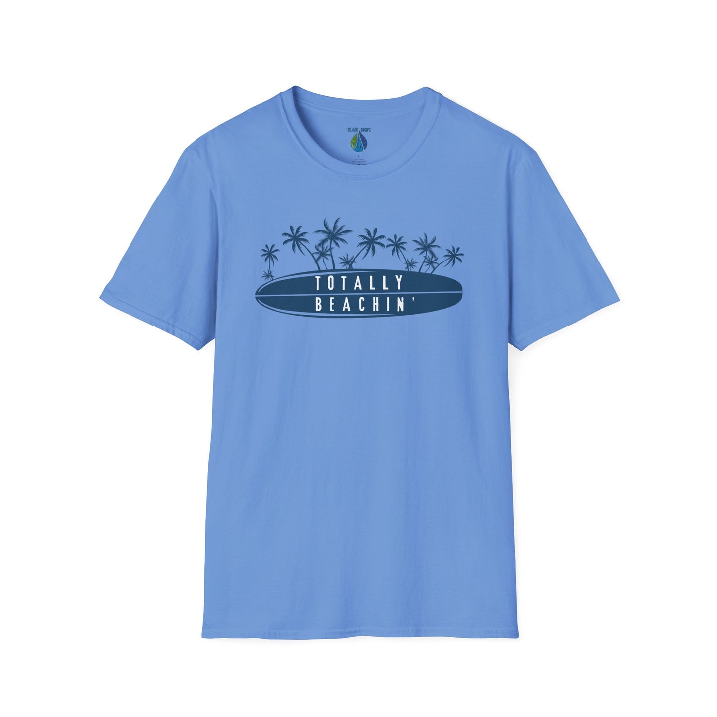 Blue  t-shirt  with 'TOTALLY BEACHIN' text and palm trees graphic design - Island Drops t-shirt collection | Unisex t-shirts