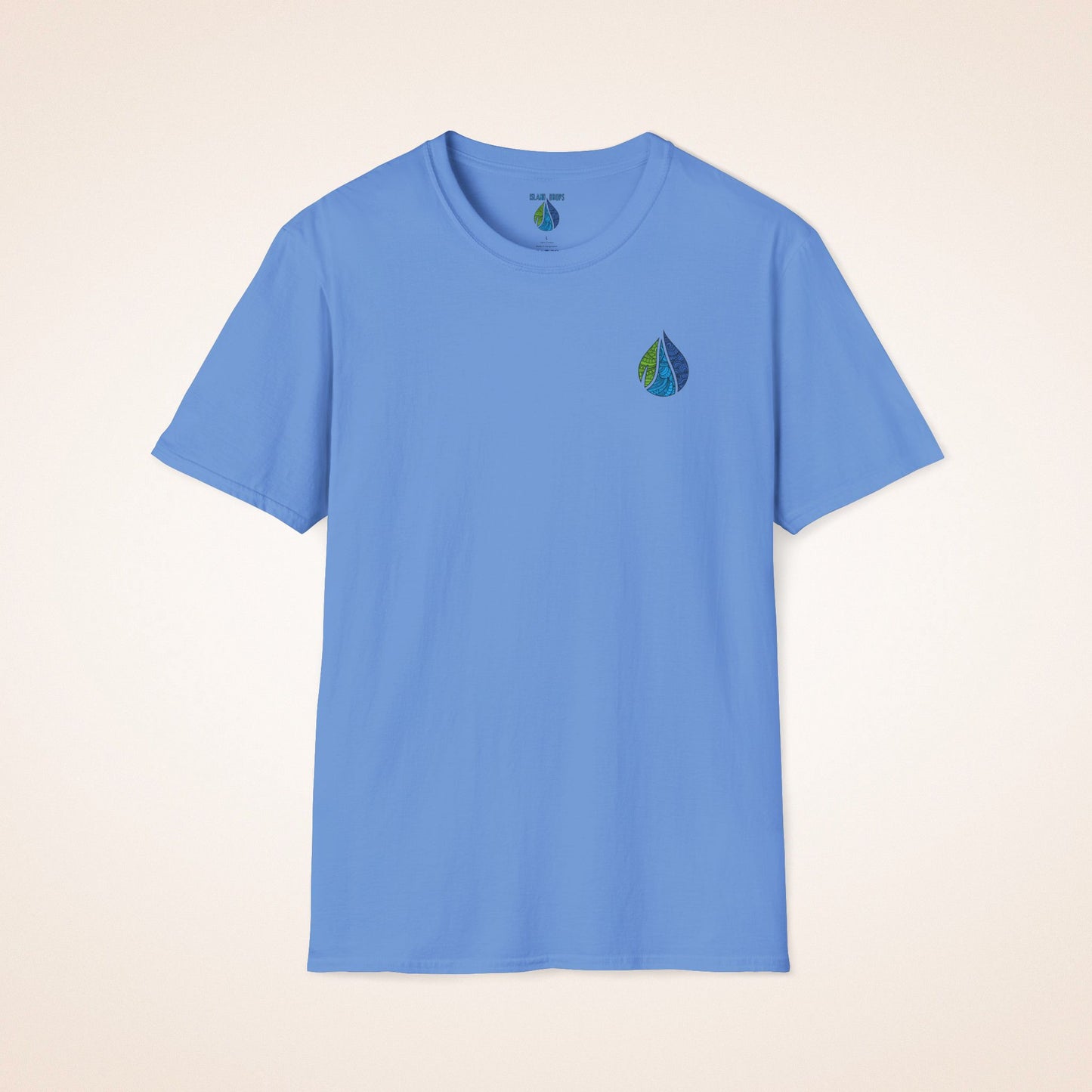 Blue t-shirt with Island Drops logo on the front chest and 'BOARD MEMBER' text and colorful surfboard icons on the back - Island Drops t-shirt collection | Unisex t-shirts
