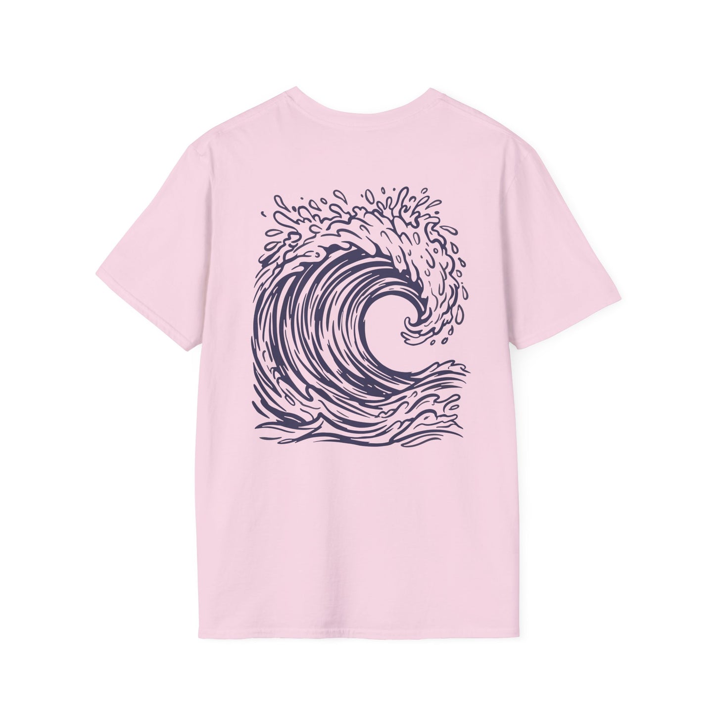 Wave Drop Tee back print in Light Pink color— big wave graphic Hawaiian streetwear design