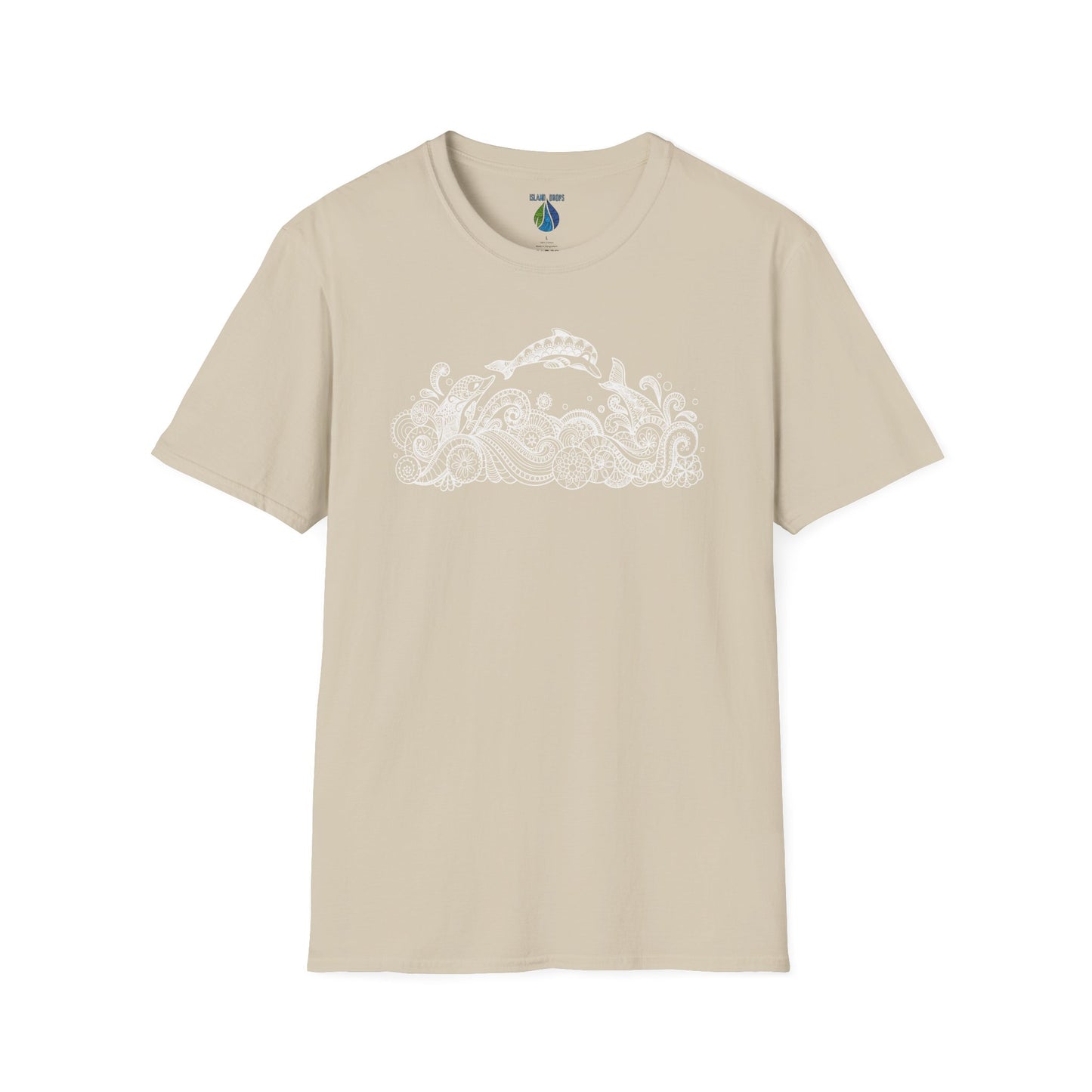 Beige t-shirt with dolphin and tribal tattoo style ocean graphic design - Island Drops t-shirt collection | Unisex t-shirts