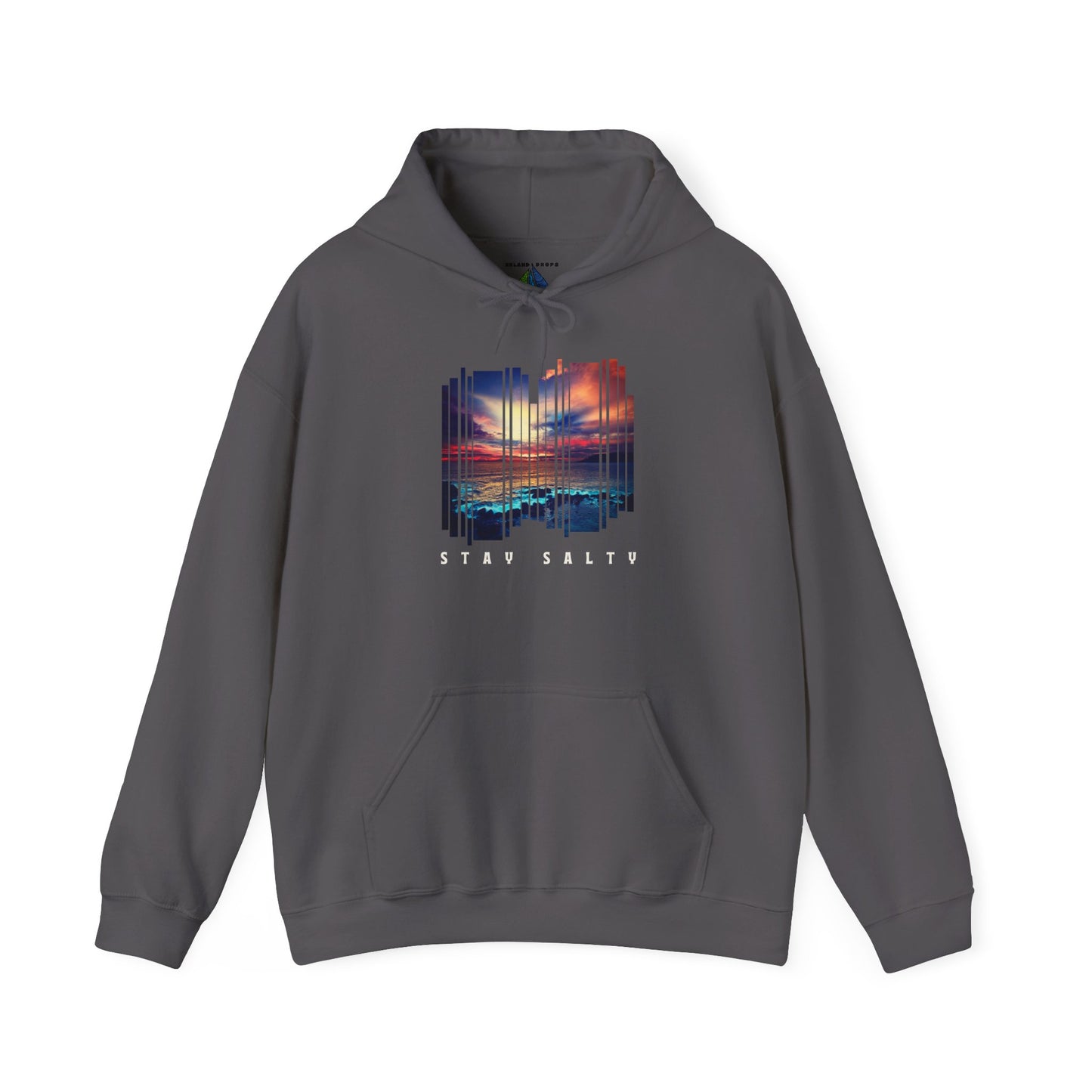 Gray hoodie with a stylized beach sunset graphic and 'STAY SALTY' text - Island Drops hoodie collection | Unisex pullover