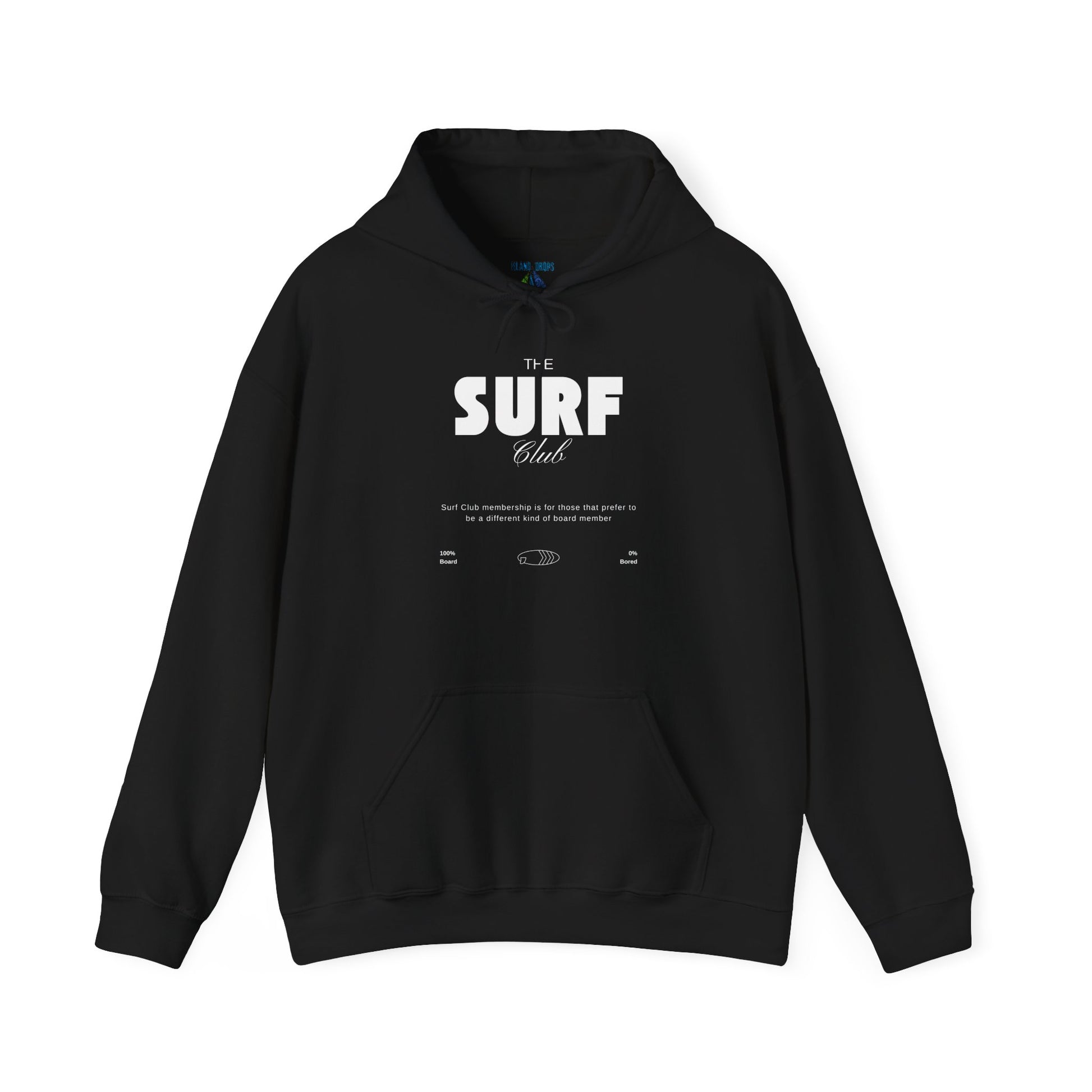 Black hoodie with 'SURF Club' text, 100% Board, 0%Bored - Island Drops hoodie collection | Unisex pullover