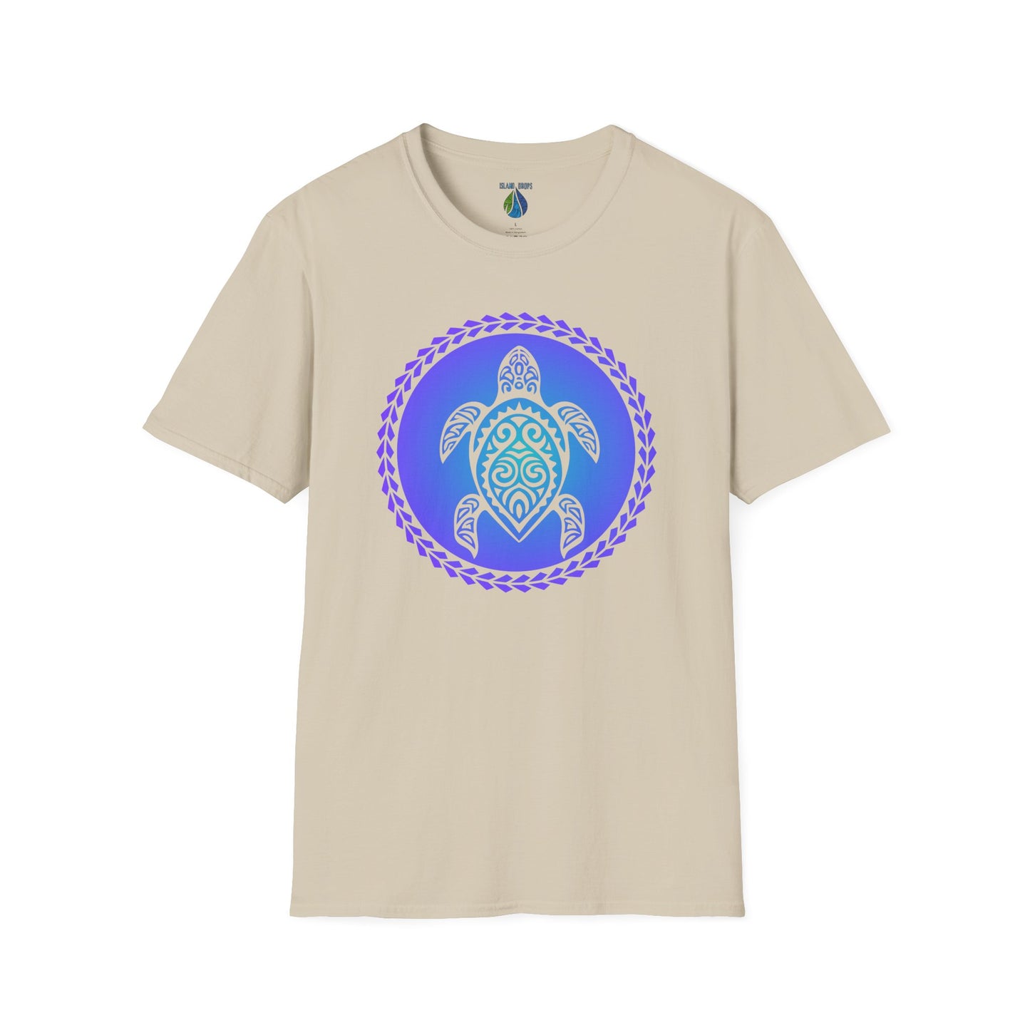 Beige t-shirt with a gradient blue turtle graphic design and tribal patterns  - Island Drops t-shirt collection | Unisex t-shirts