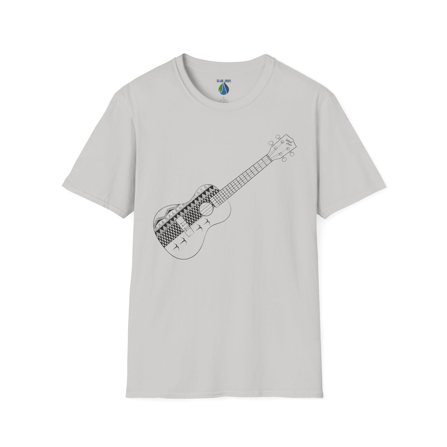 Gray t-shirt  with a ukulele graphic design - Island Drops t-shirt collection | Unisex t-shirts