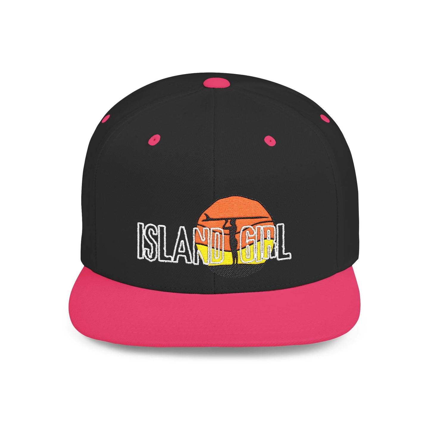Black and pink cap with 'ISLAND GIRL' text and a surfer girl and sunset graphic design - Island Drops hat collection | Unisex snapback cap