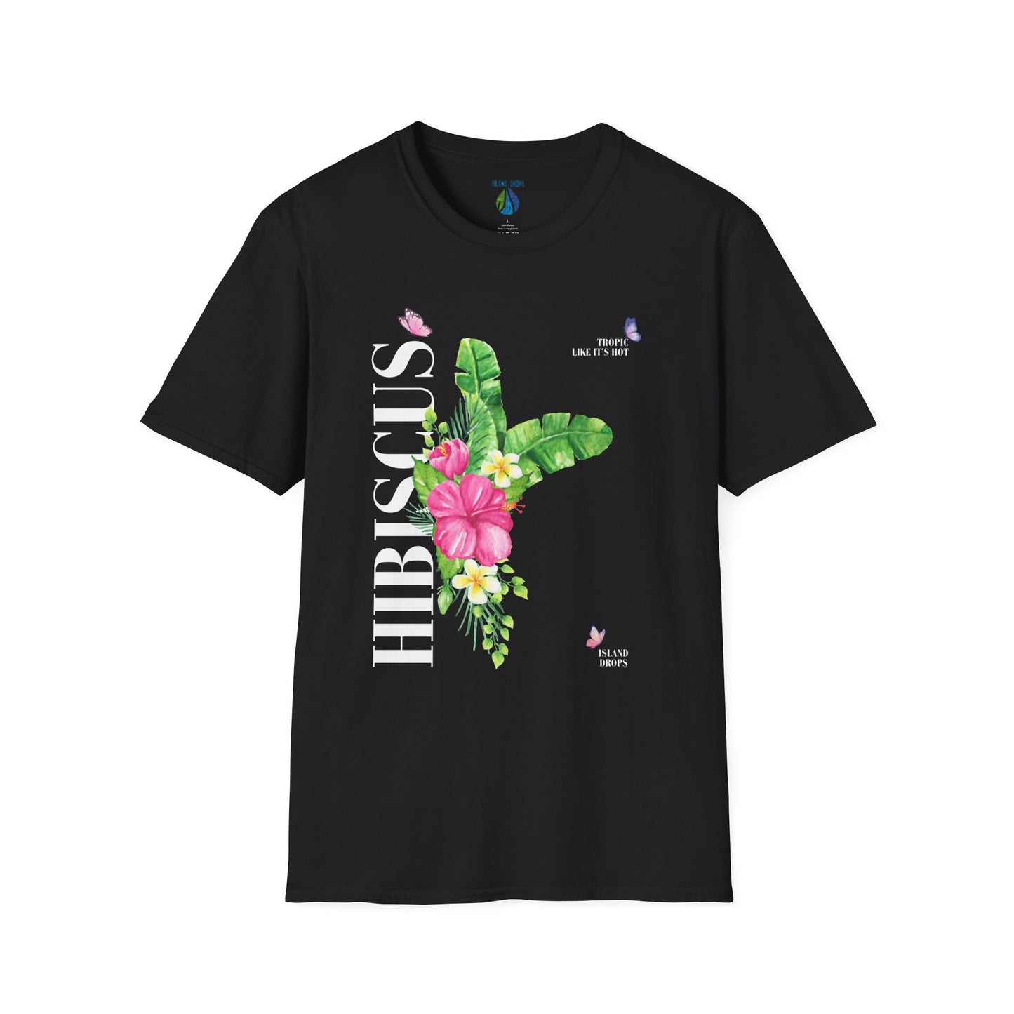 Black t-shirt with 'HIBISCUS' text and a a stylized hibiscus graphic design - Island Drops t-shirt collection | Unisex t-shirt