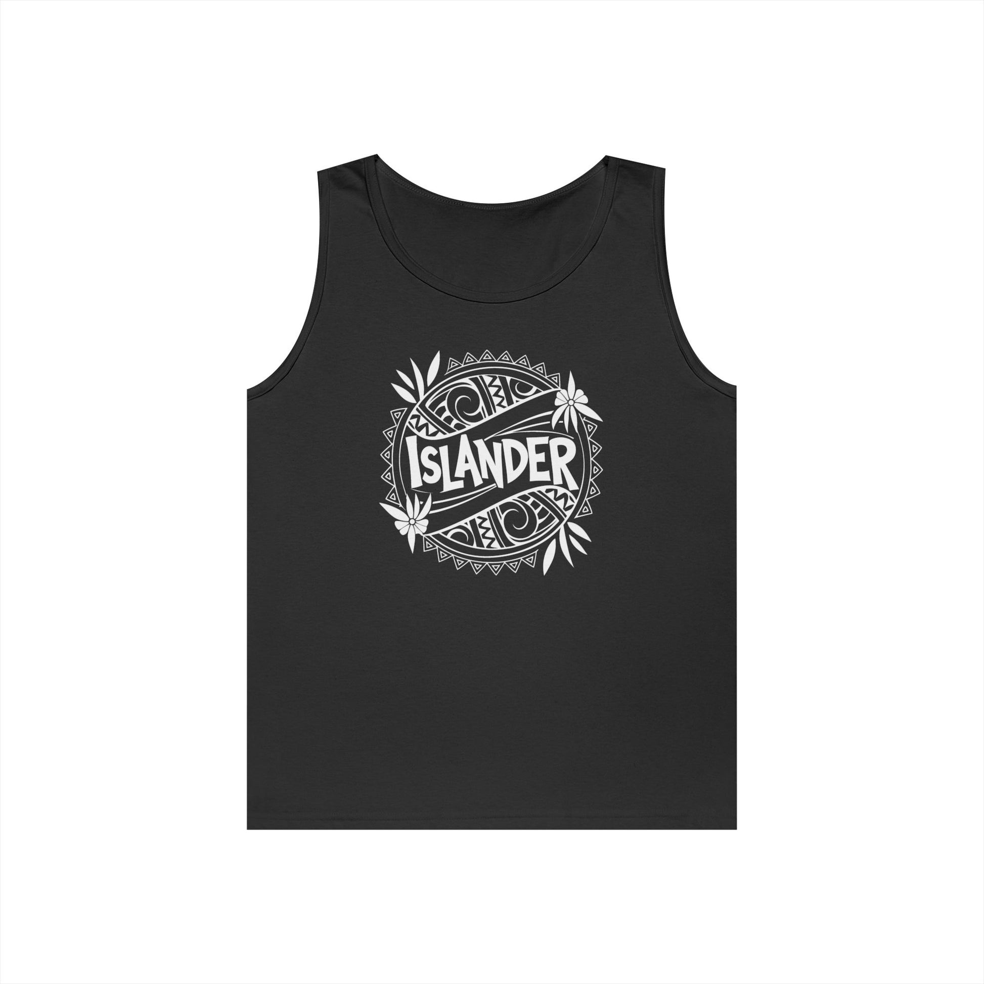Black tank top with 'Islander' graphic design - Island Drops tank tops collection | Unisex tank tops