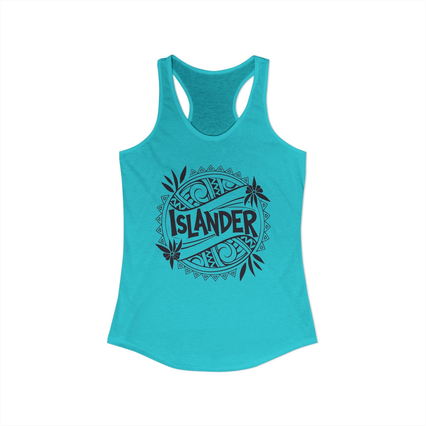 Turquoise tank top with 'ISLANDER' graphic design- Island Drops tank tops collection | Women's racer back tank