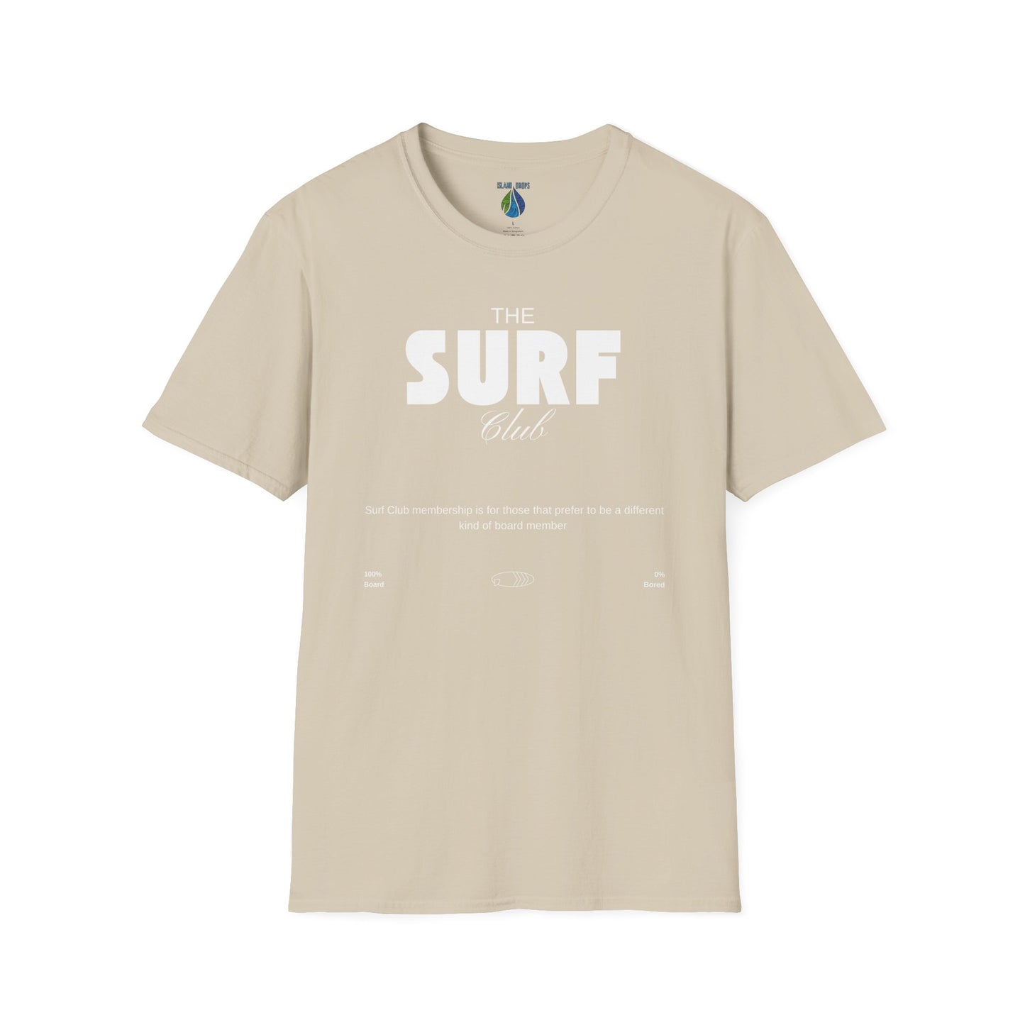 Beige t-shirt  with 'THE SURF CLUB' text and meaning, 100% BOARD, 0% BORED - Island Drops t-shirt collection | Unisex t-shirts