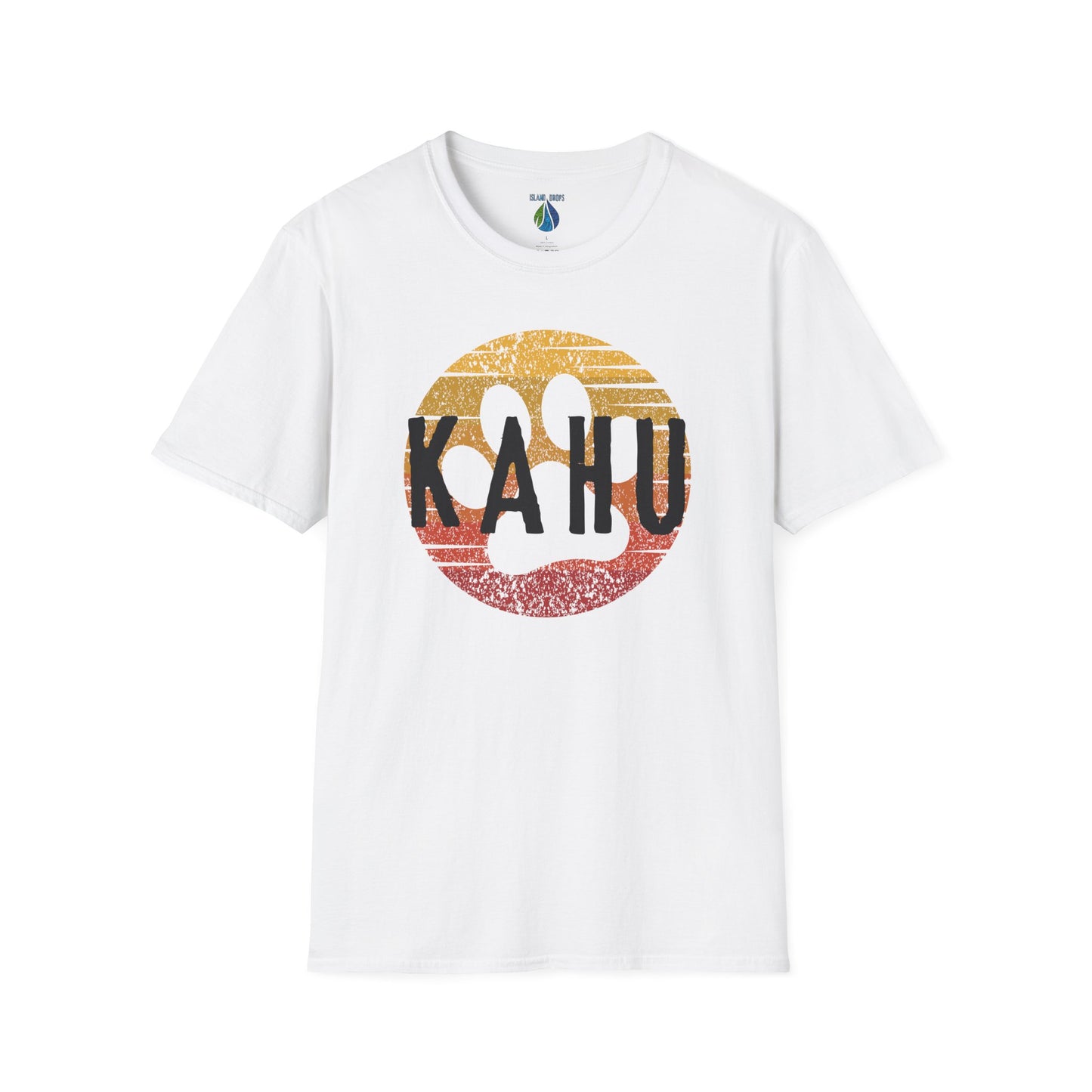 White t-shirt with 'KAHU' text and sunset paw print graphic design - Island Drops t-shirt collection | Unisex t-shirts