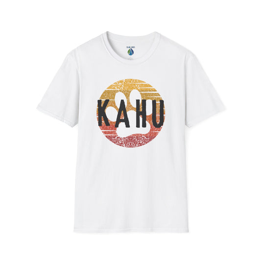 White t-shirt with 'KAHU' text and sunset paw print graphic design - Island Drops t-shirt collection | Unisex t-shirts