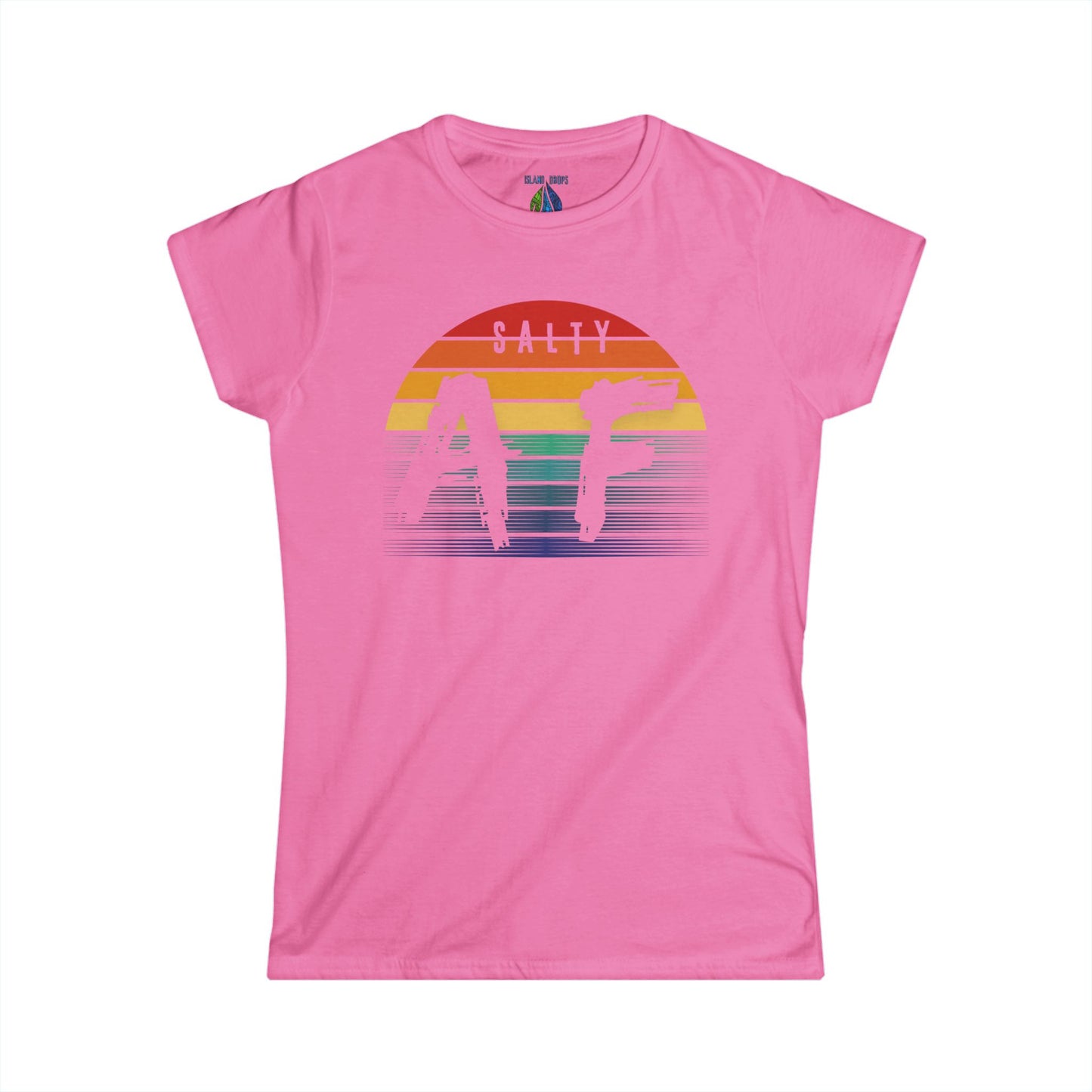 Pink women's cut t-shirt with a colorful rainbow sunset graphic and 'Salty AF' text - Island Drops Women's collection | Women's cut t-shirt