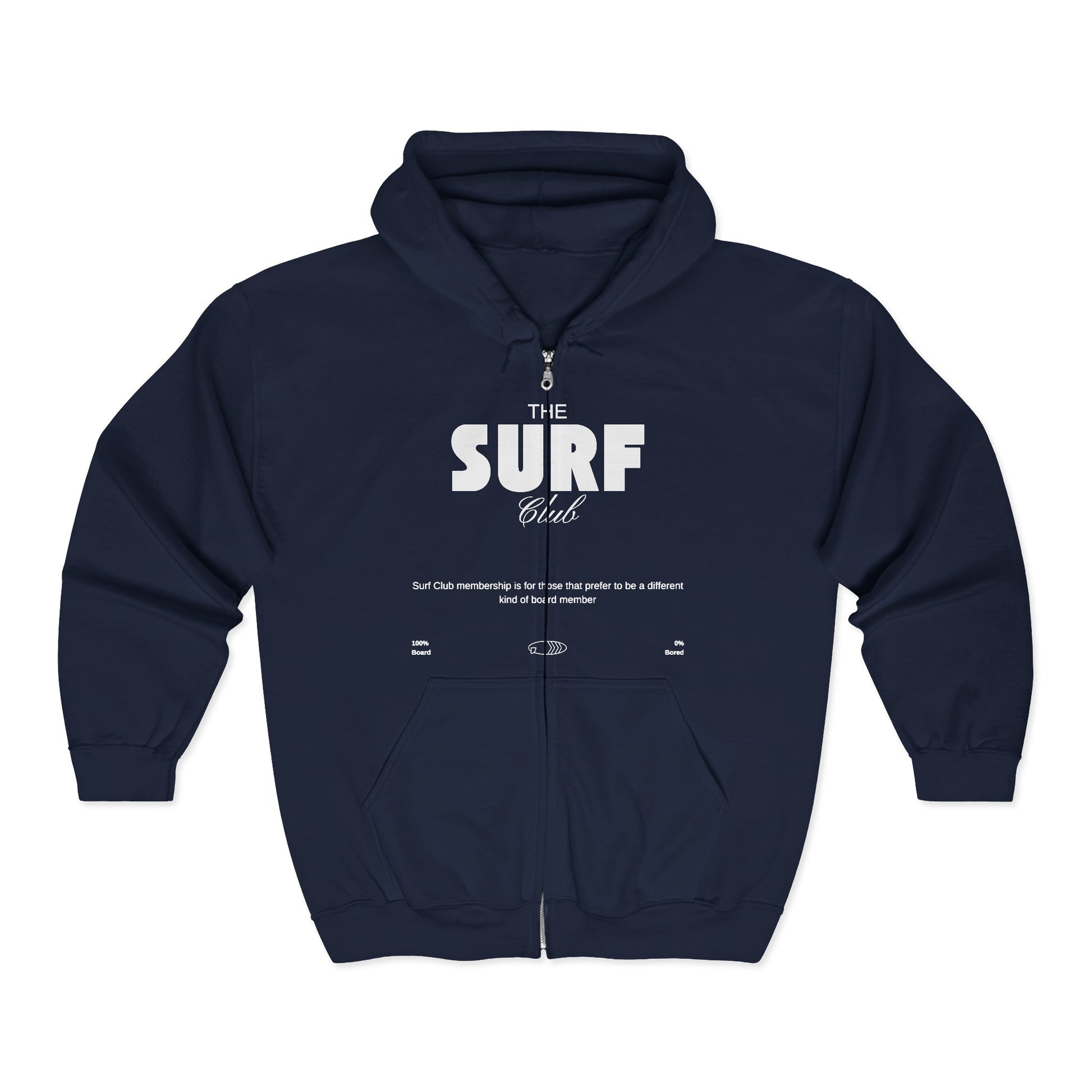 Navy blue full zip hoodie with  'THE SURF CLUB' text, 100% BOARD, 0% BORED - Island Drops hoodie collection | Unisex zipper hoodie