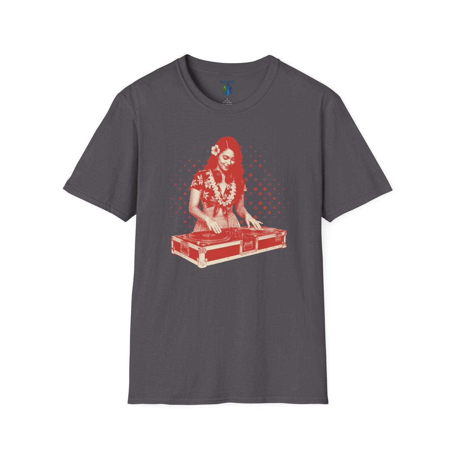 Gray t-shirt with a female hula dancer as a DJ graphic design - Island Drops T-shirt collection | Unisex t-shirt