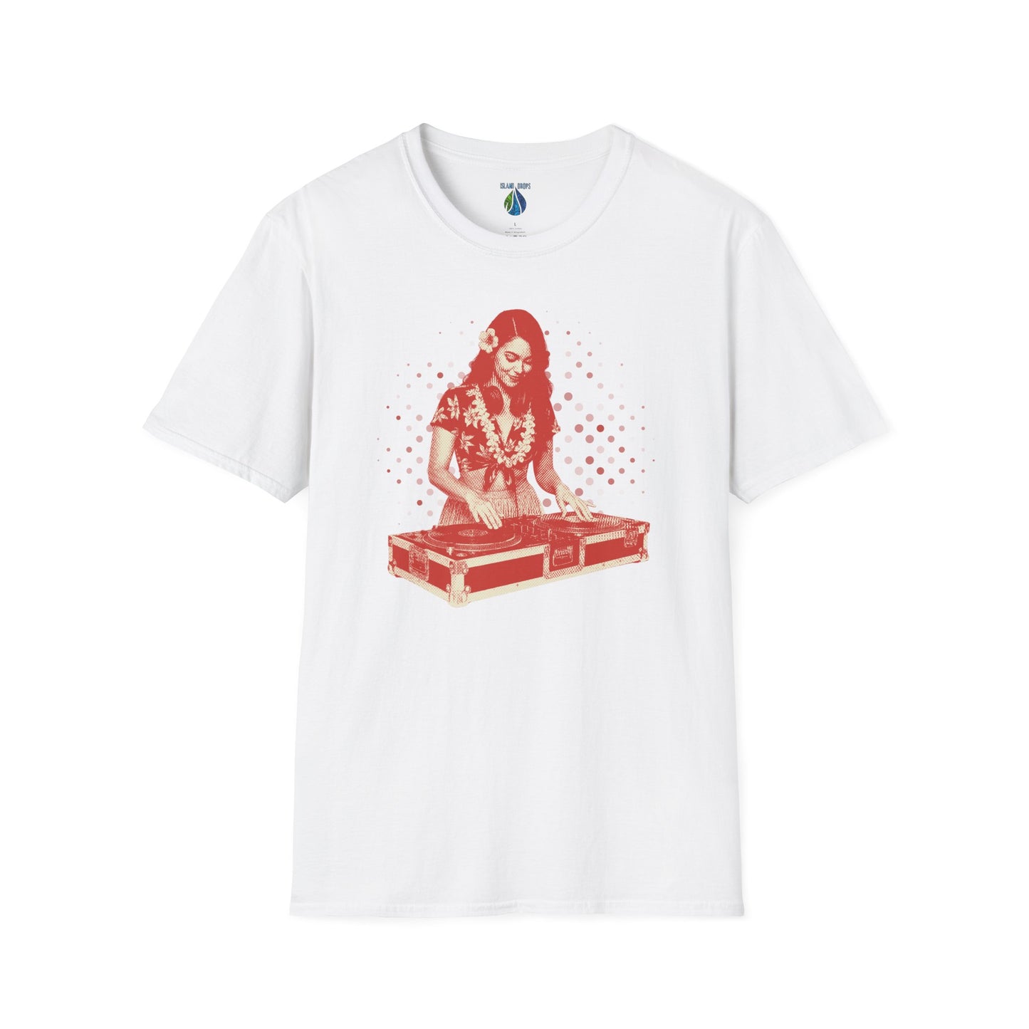 White t-shirt with a female hula dancer as a DJ graphic design - Island Drops T-shirt collection | Unisex t-shirt