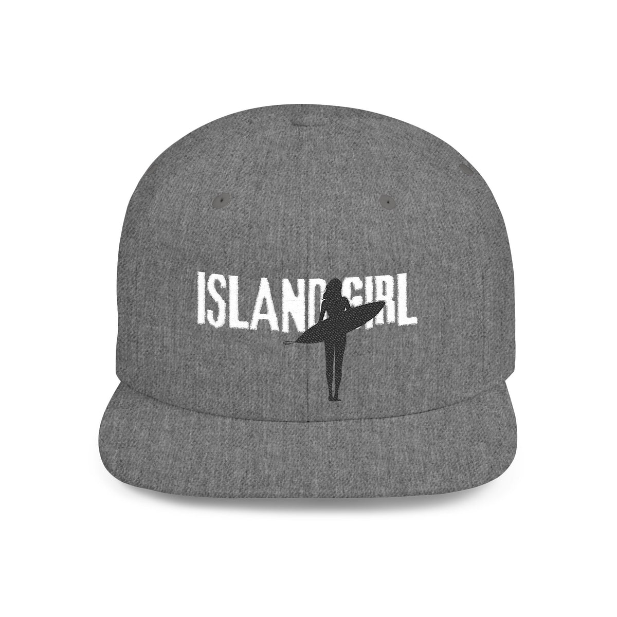 Dark gray snapback front view with white Island Girl text and black surfer silhouette