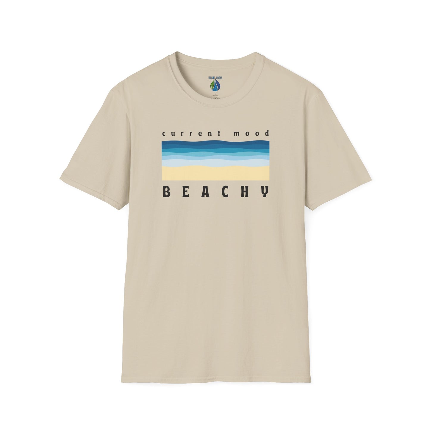 Beige t-shirt with 'Current Mood Beachy' design with a stylized beach and ocean graphic design - Island Drops t-shirt collection | Unisex t-shirts