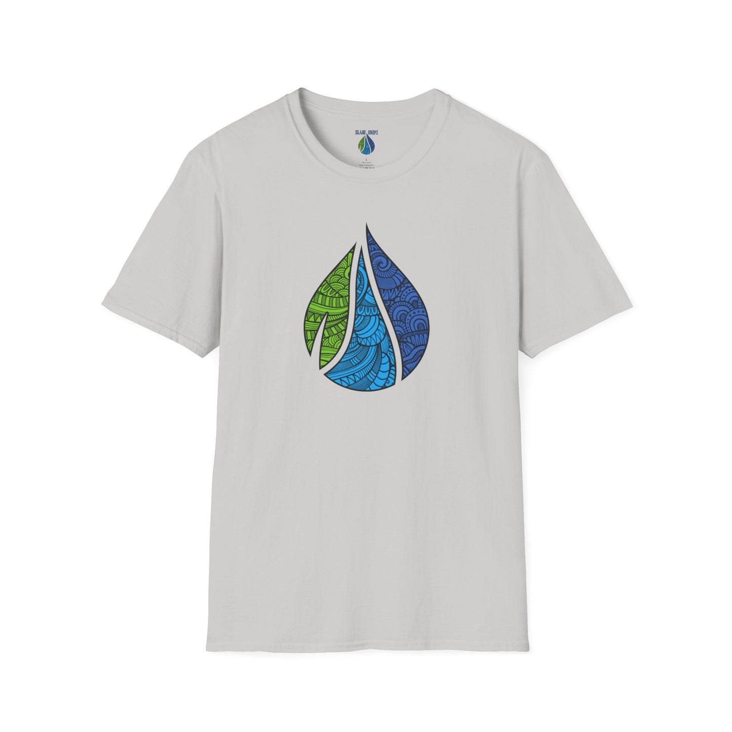 Gray t-shirt with Island Drops logo graphic design - Island Drops t-shirt collection | Unisex t-shirts