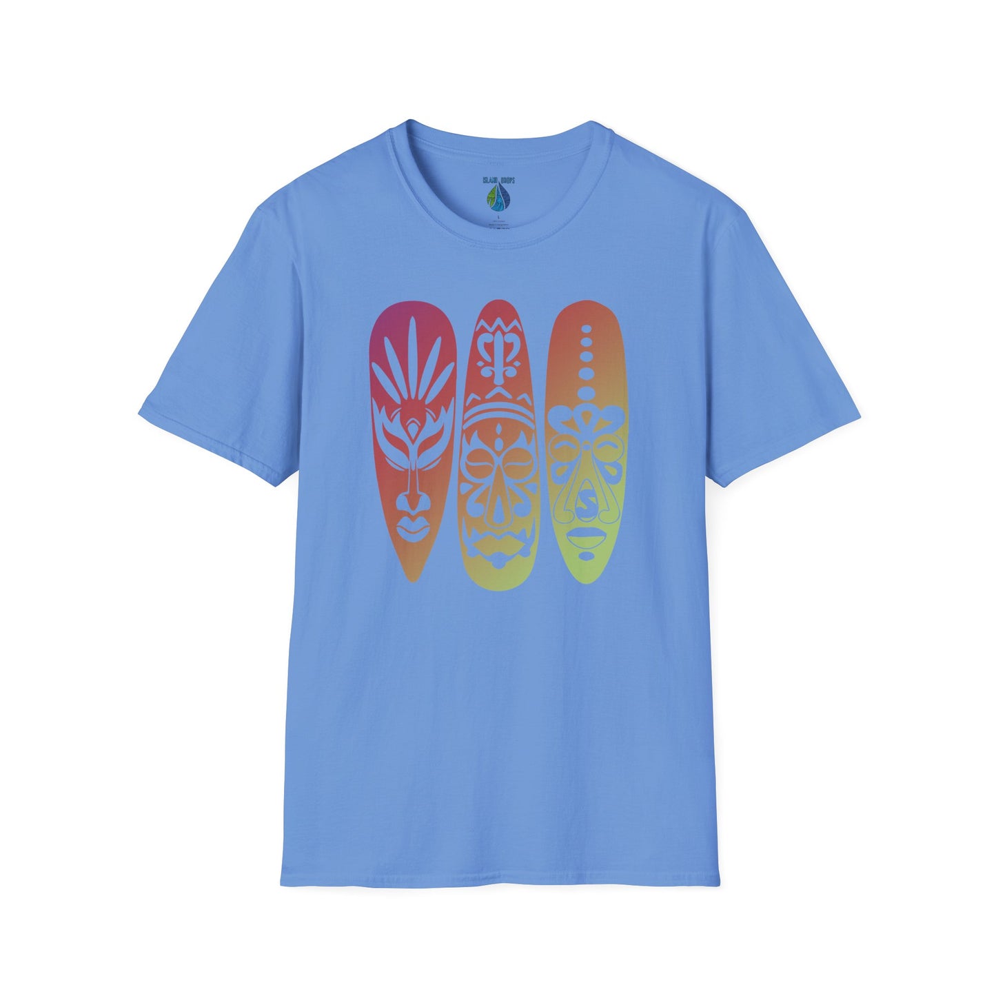 Blue t-shirt  with colorful gradient island masks graphic design - Island Drops t-shirt collection | Unisex t-shirts