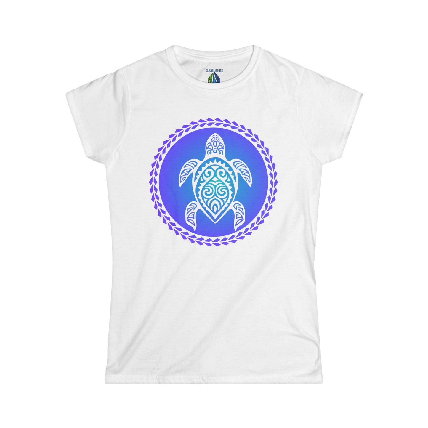 White women's cut t-shirt with gradient turtle graphic design - Island Drops Women's collection | Women's cut t-shirt