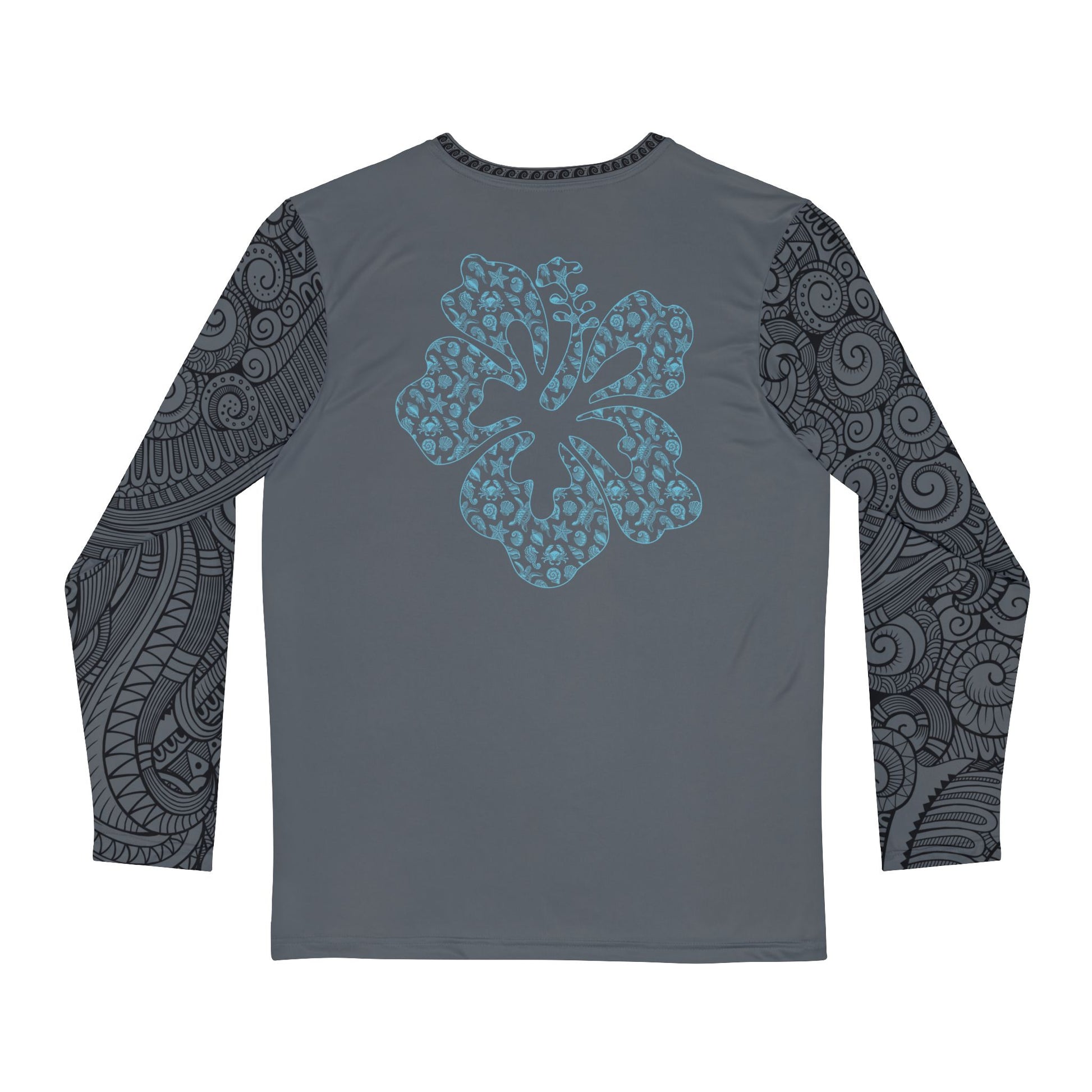 Back of long-sleeve shirt with hibiscus graphic design and tribal tattoo sleeve pattern - Island Drops long sleeve collection | Unisex shirts