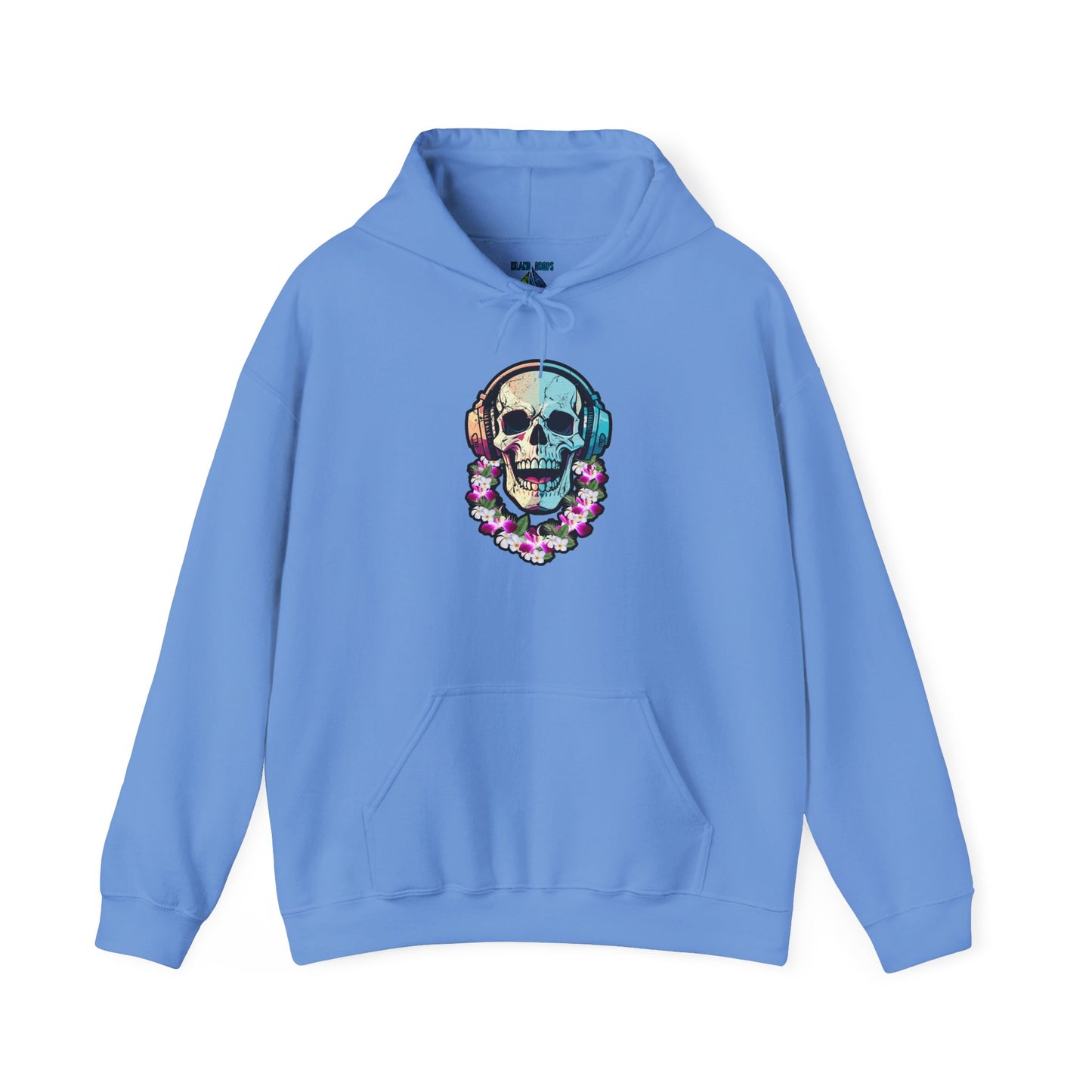 Blue hoodie with a colorful skull DJ with headphones and wearing a lei graphic design  - Island Drops hoodie collection | Unisex pullover