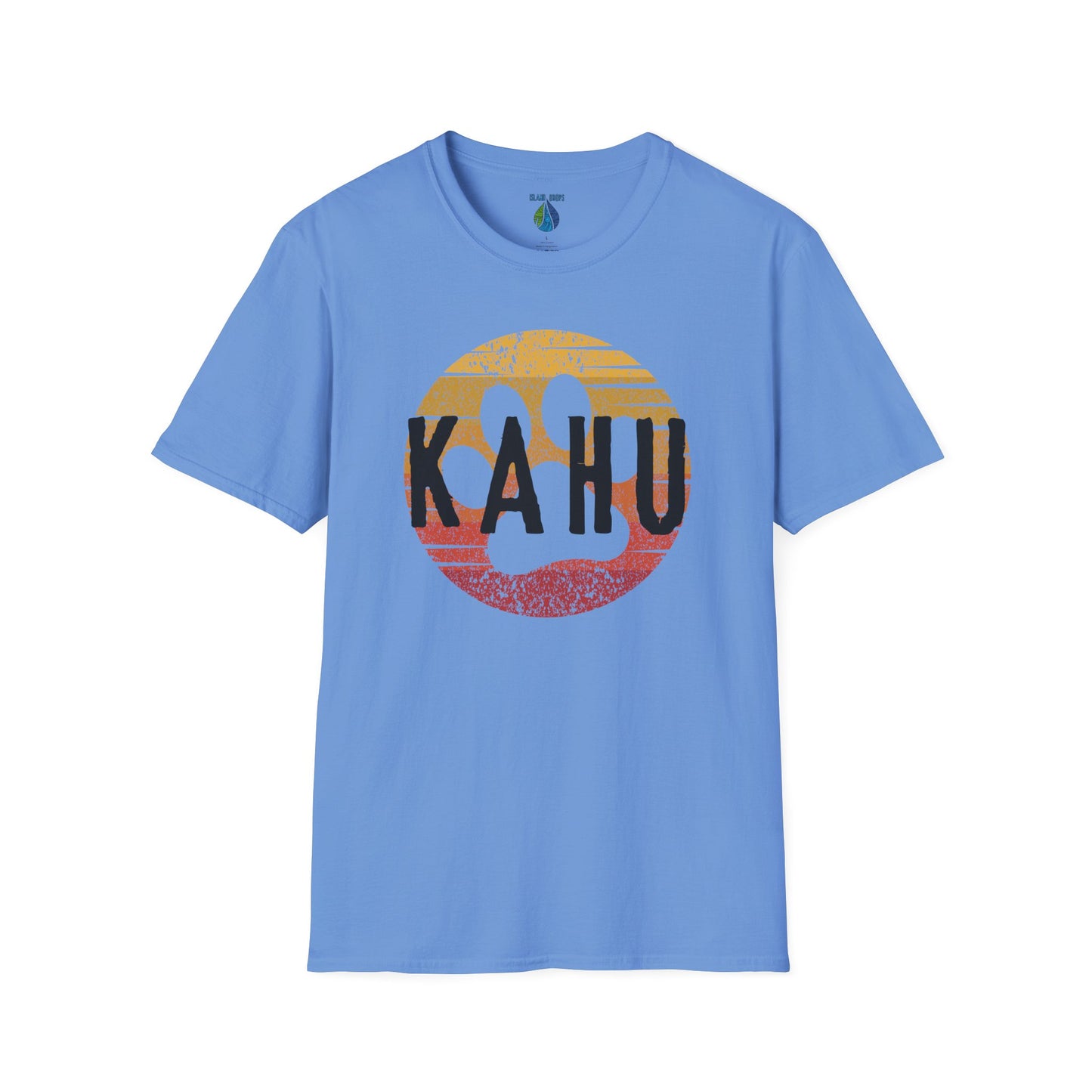 Blue t-shirt with 'KAHU' text and sunset paw print graphic design - Island Drops t-shirt collection | Unisex t-shirts