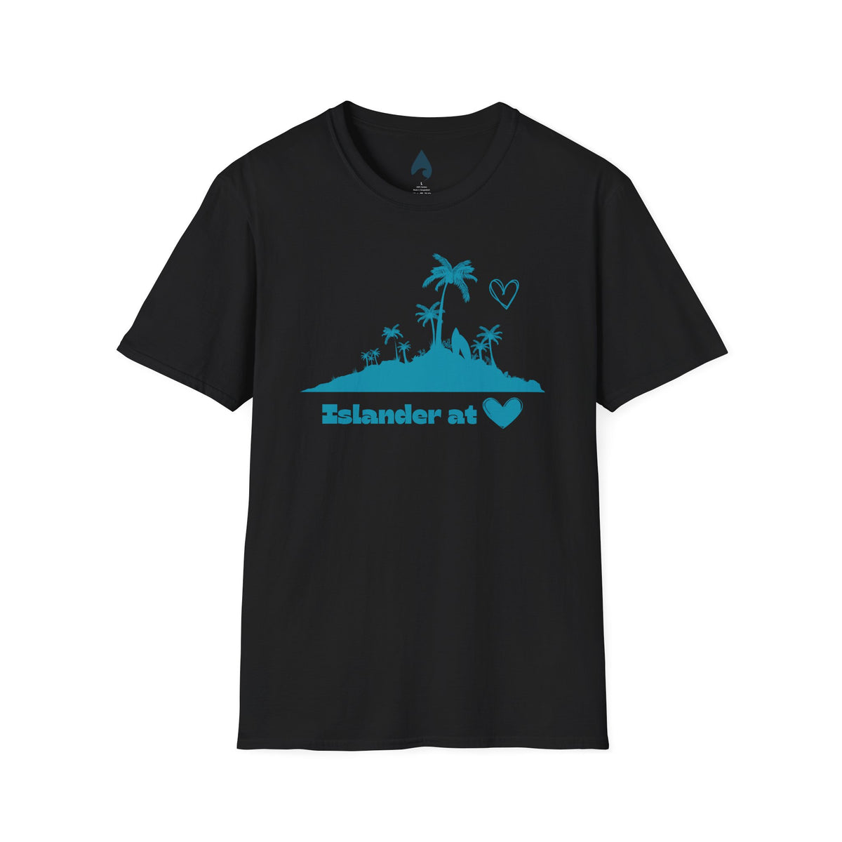 Black Islander at Heart tee with teal palm, island and heart graphic