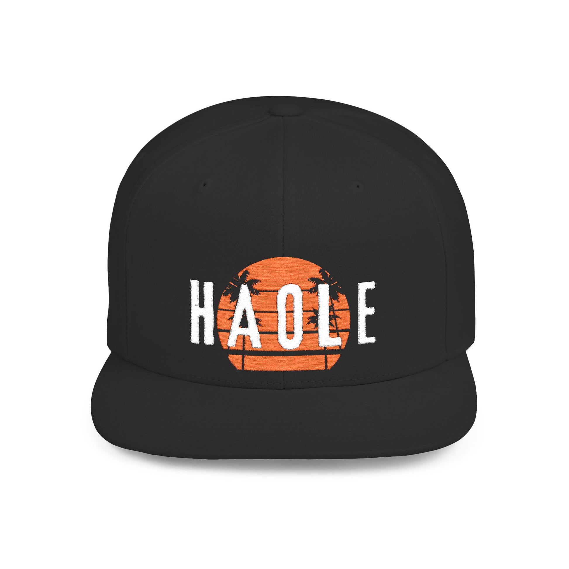 Black hat with 'HAOLE' text and sunset graphic design - Island Drops hat collection | Unisex snapback cap