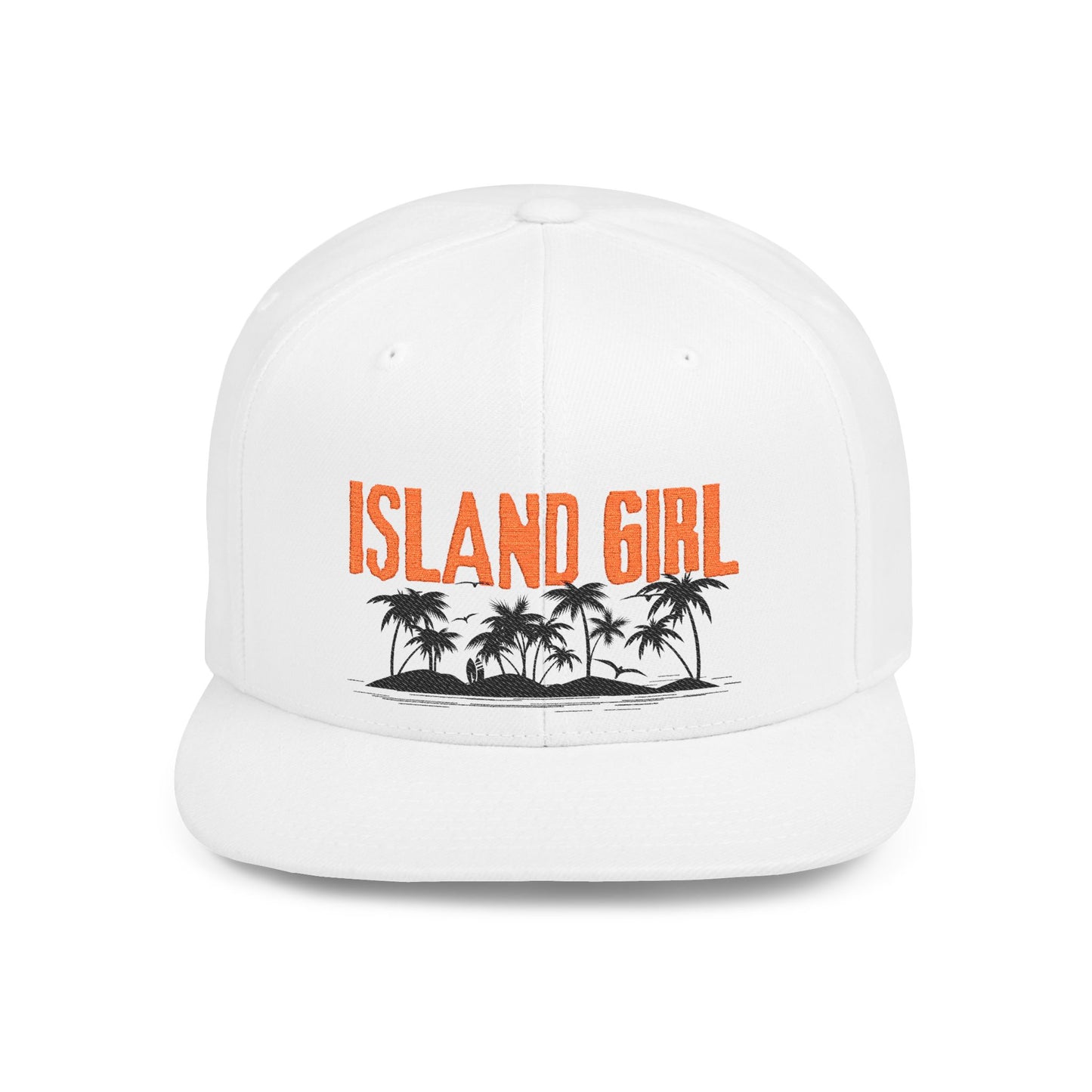 White cap with 'ISLAND GIRL' text and palm trees and island graphic design - Island Drops hat collection | Unisex snapback cap