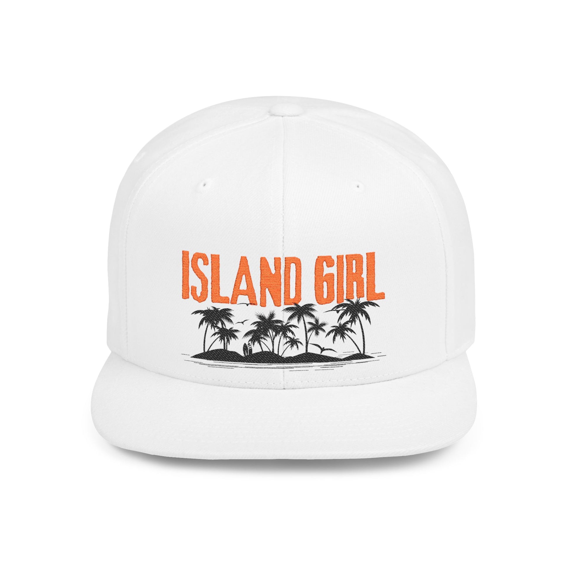 White cap with 'ISLAND GIRL' text and palm trees and island graphic design - Island Drops hat collection | Unisex snapback cap