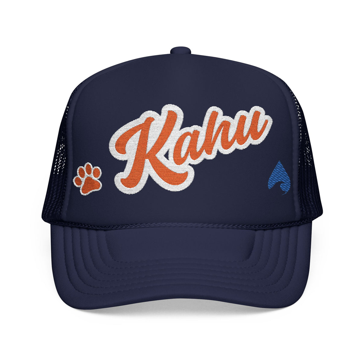 Navy foam trucker hat with KAHU embroidery, paw print, and blue logo