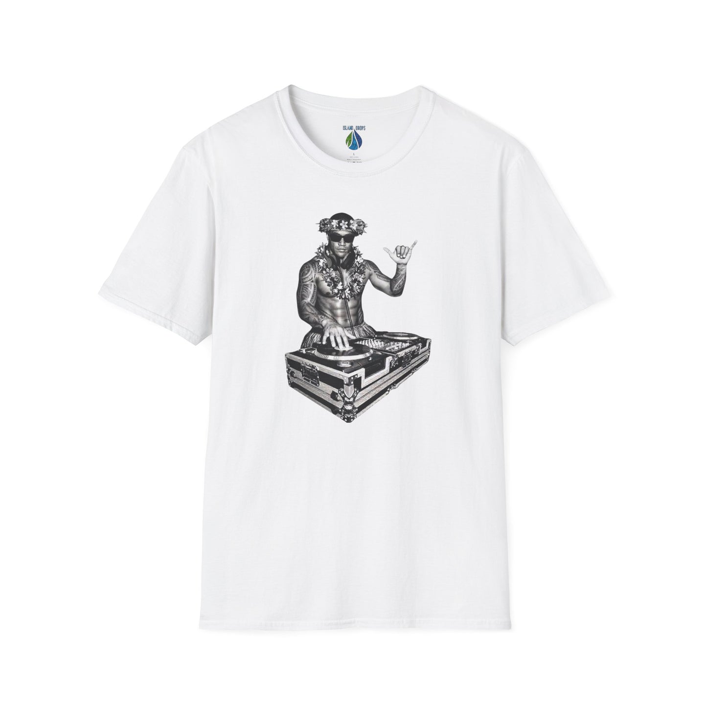 White t-shirt with a male hula dancer as a DJ graphic design - Island Drops t-shirt collection | Unisex t-shirt