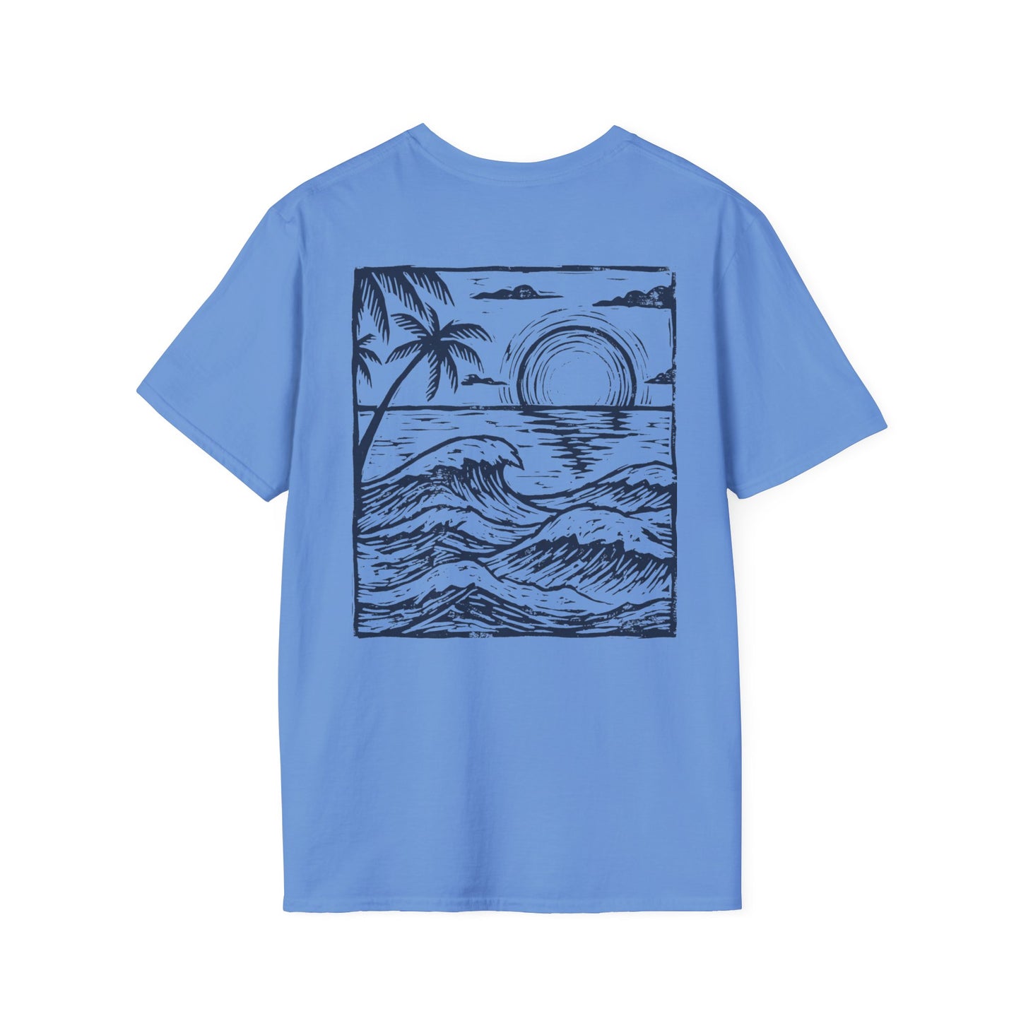 Sunset Sketch Tee back print in Carolina Blue color — linocut sunset design streetwear shirt