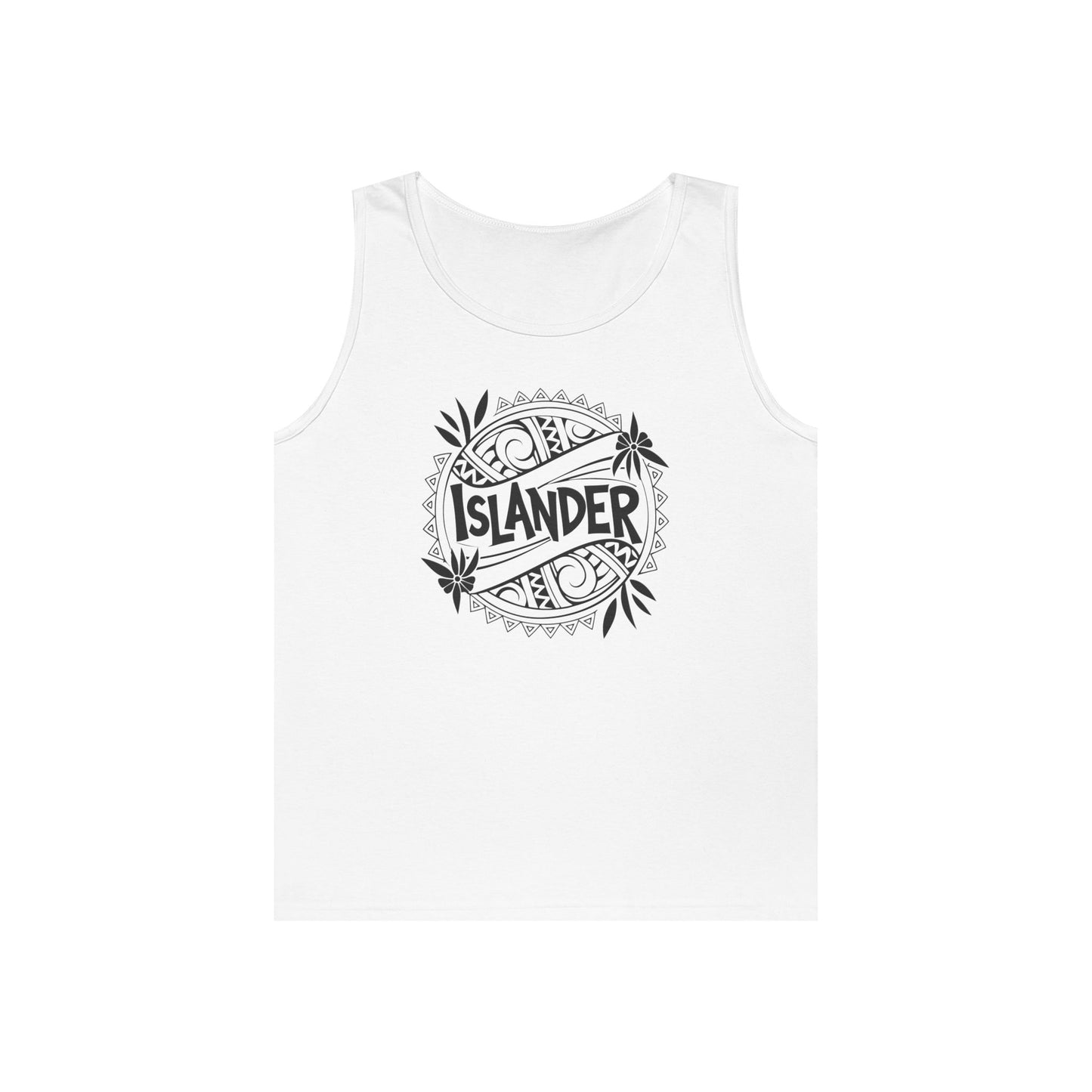 White tank top with 'Islander' graphic design - Island Drops tank tops collection | Unisex tank tops