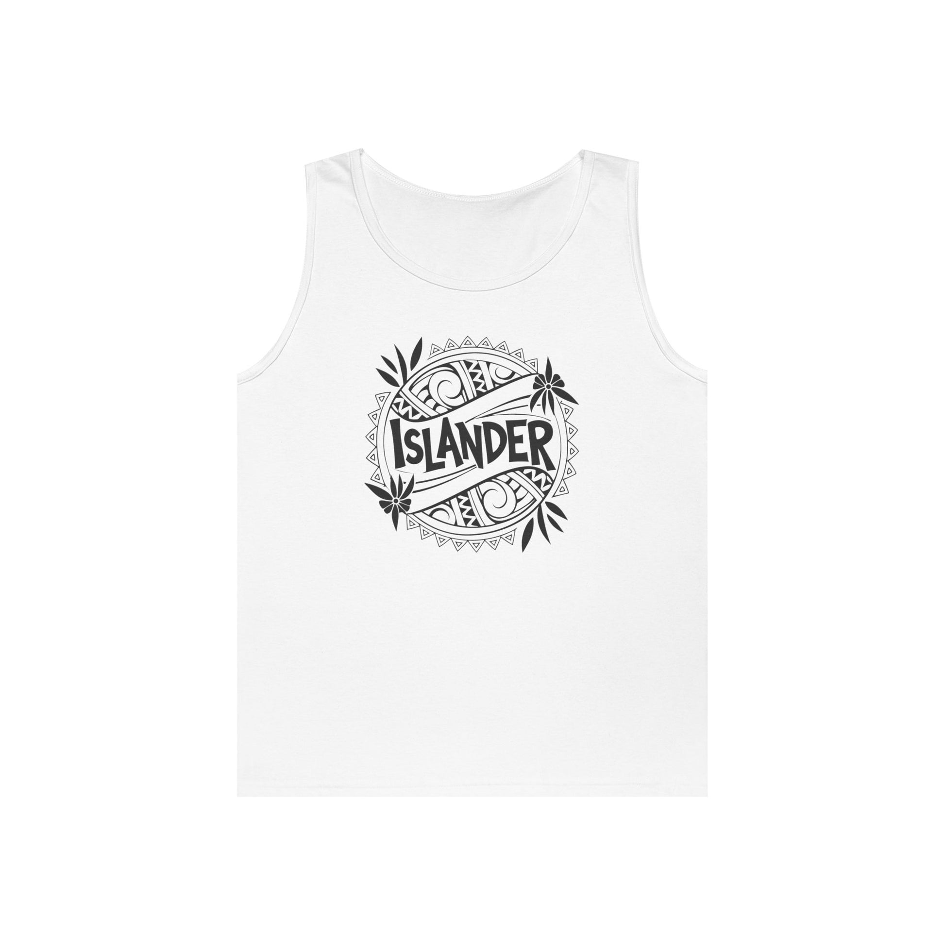 White tank top with 'Islander' graphic design - Island Drops tank tops collection | Unisex tank tops