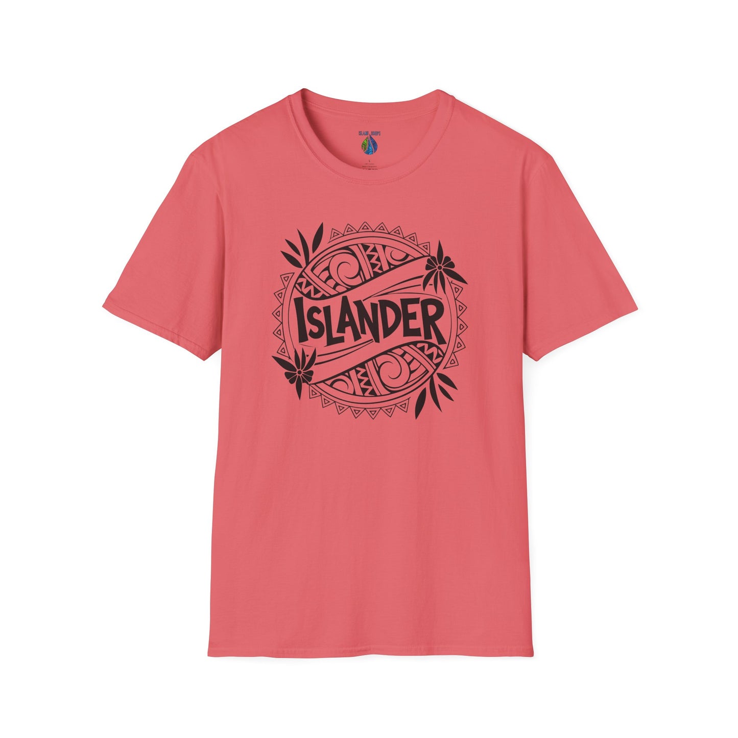 Coral t-shirt with 'ISLANDER' tribal graphic design - Island Drops T-shirt collection | Unisex t-shirt