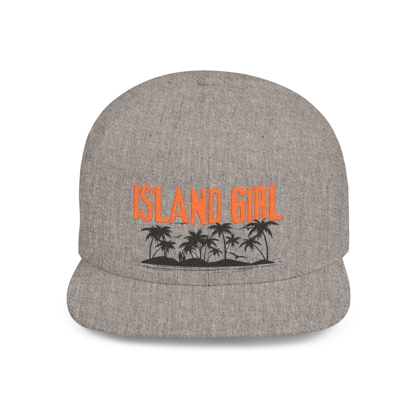 Gray cap with 'ISLAND GIRL' text and palm trees and island graphic design - Island Drops hat collection | Unisex snapback cap