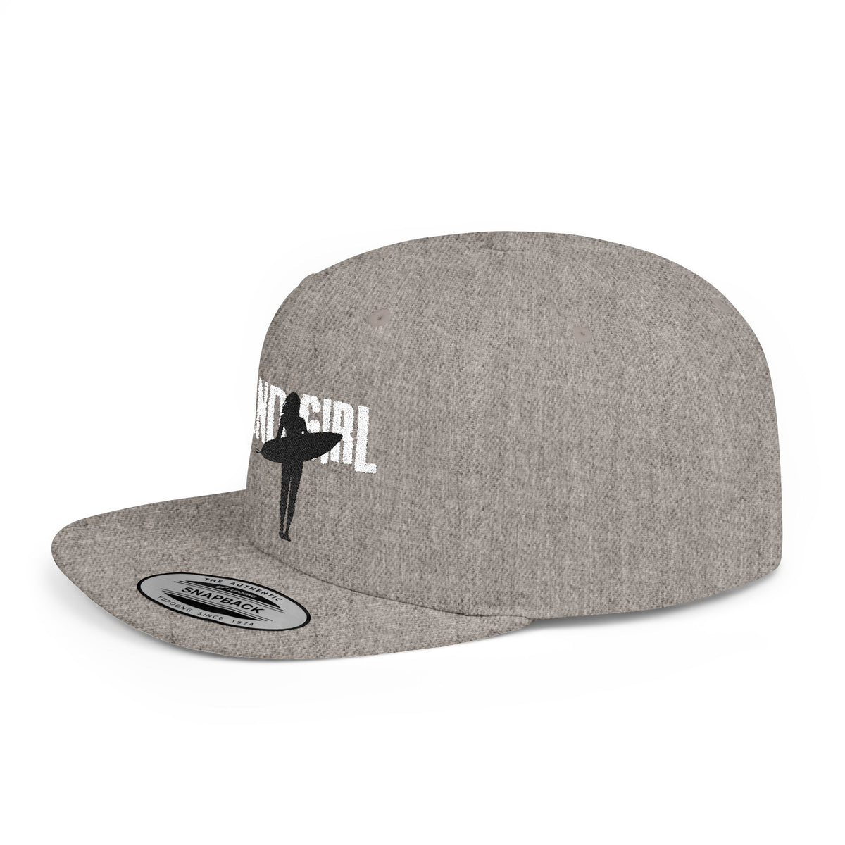 Side view of heather gray Island Girl surfer outline flat-bill snapback