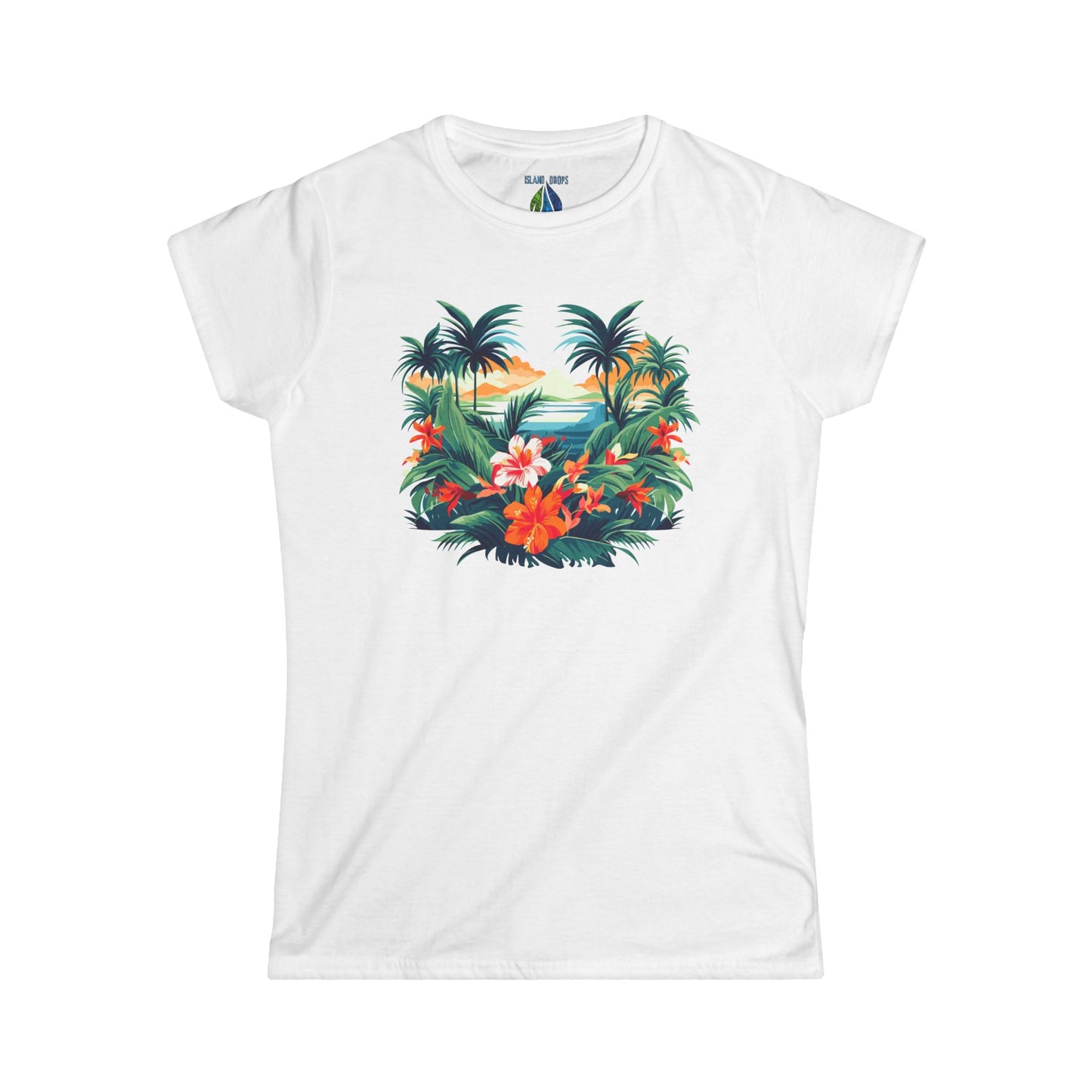 White women's cut t-shirt with floral beach graphic design - Island Drops Women's collection | Women's cut t-shirt