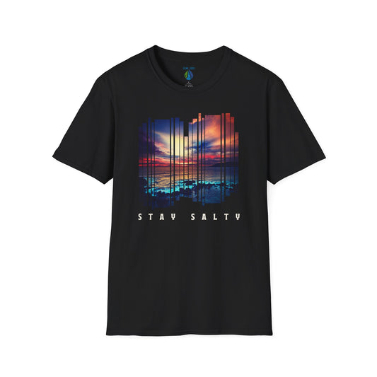 Black t-shirt  with 'STAY SALTY' text and stylized sunset graphic design - Island Drops t-shirt collection | Unisex t-shirts