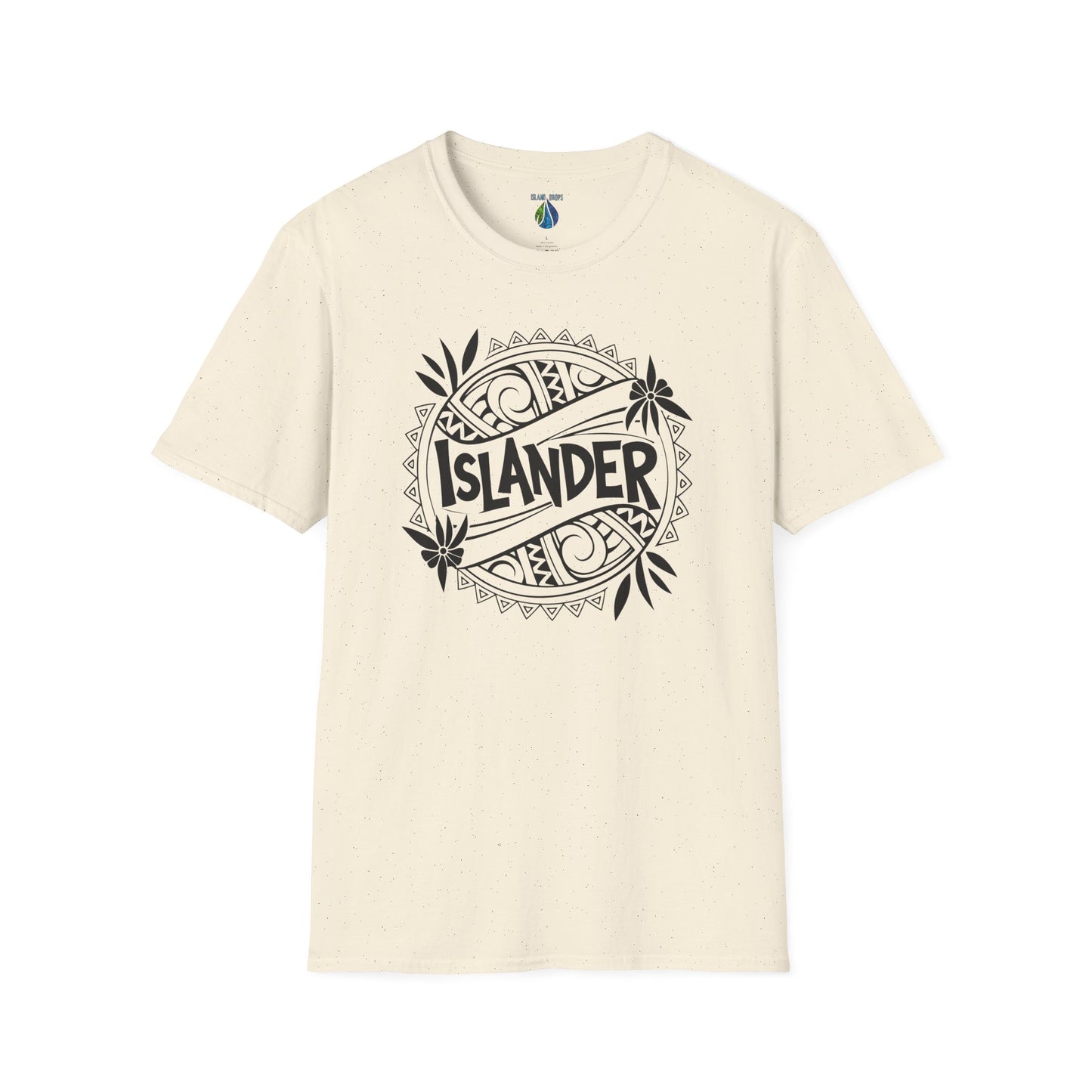 Beige t-shirt with 'ISLANDER' tribal graphic design - Island Drops T-shirt collection | Unisex t-shirt