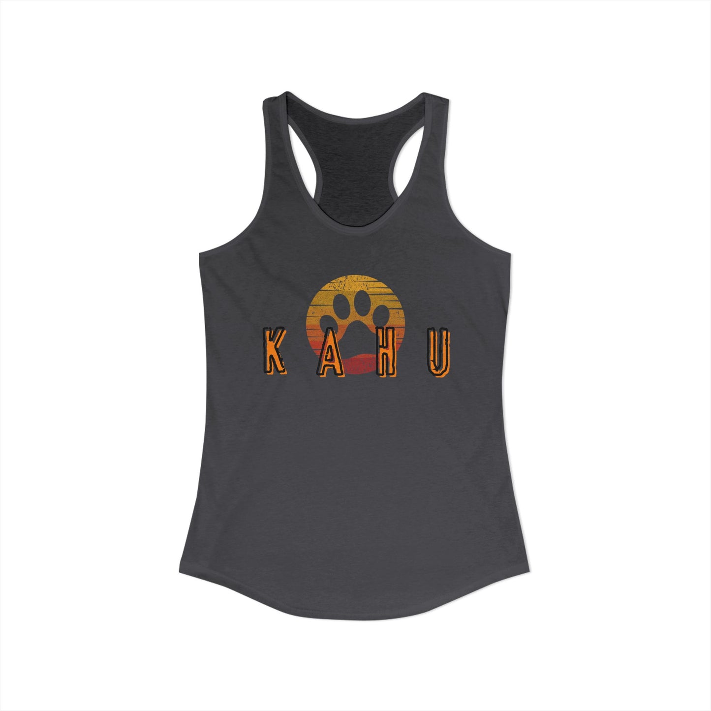 Gray tank top with 'Kahu'  graphic design- Island Drops tank tops collection | Women's racer back tank