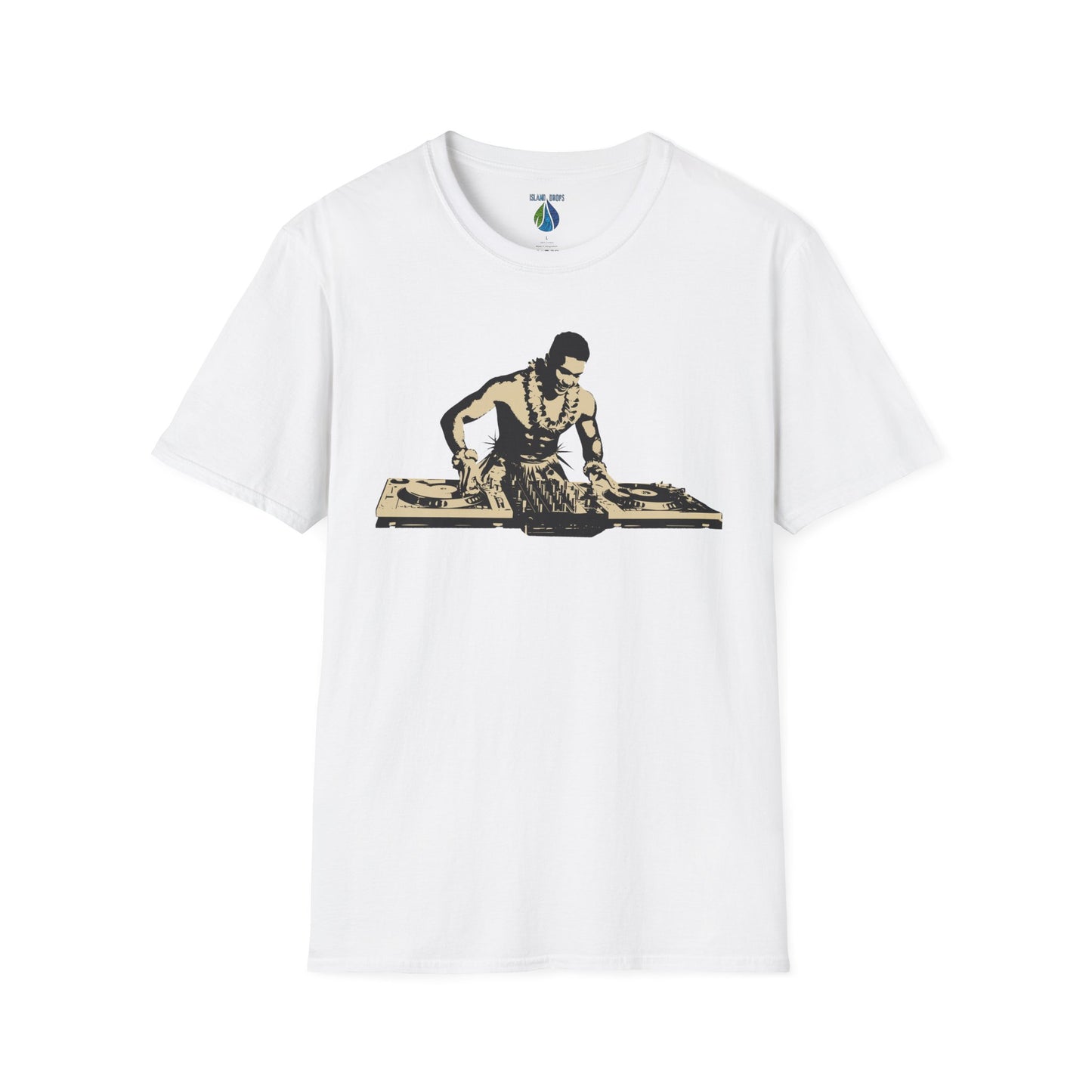 White t-shirt with a Hula DJ graphic design  - Island Drops t-shirt collection | Unisex t-shirt