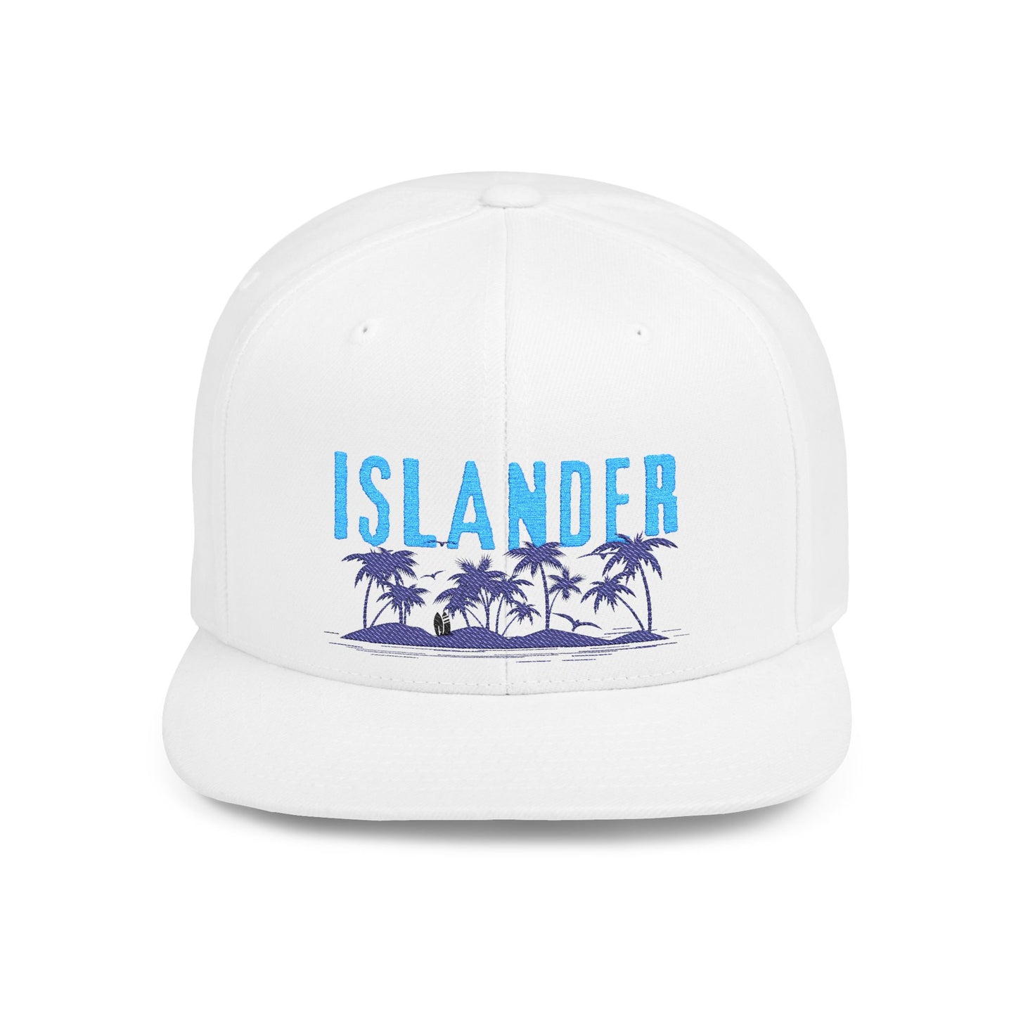 White cap with 'ISLANDER' text and palm trees and island graphic design - Island Drops hat collection | Unisex snapback cap