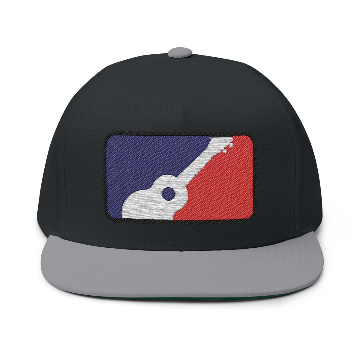Black and gray flat-bill snapback cap with red, white, and blue ukulele patch