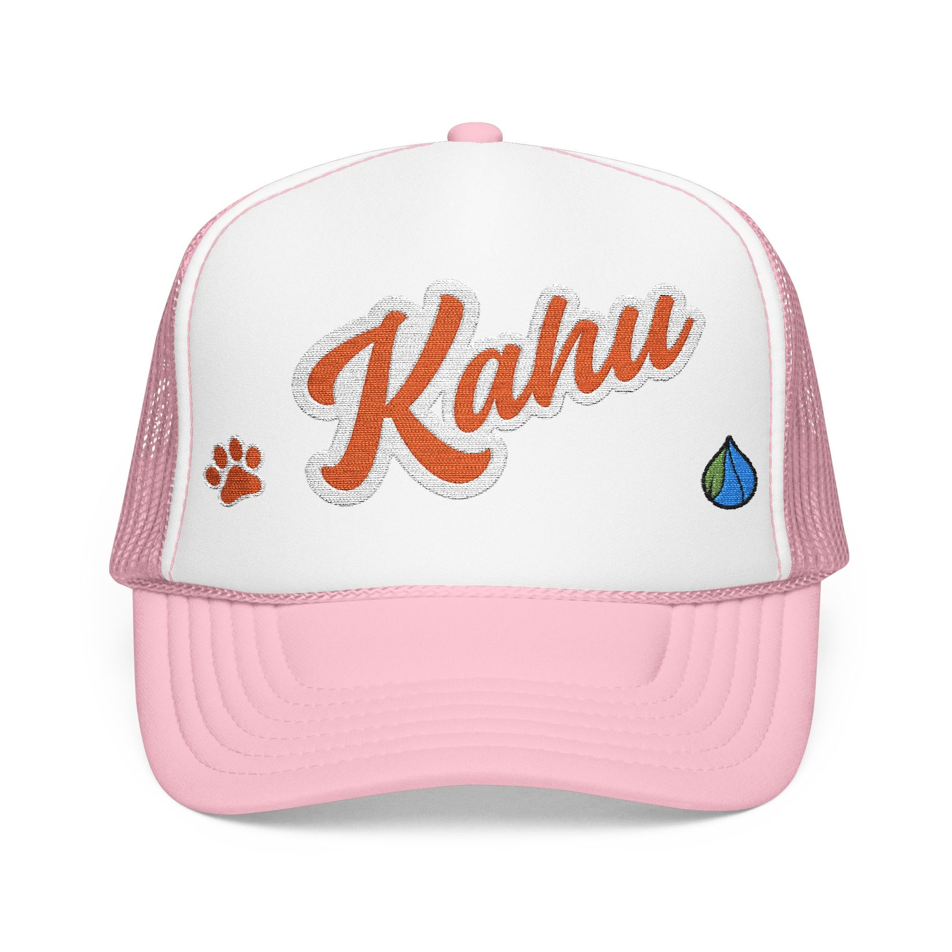Pink and white cap with 'Kahu' branding on a white background  - Island Drops hat collection | Unisex cap
