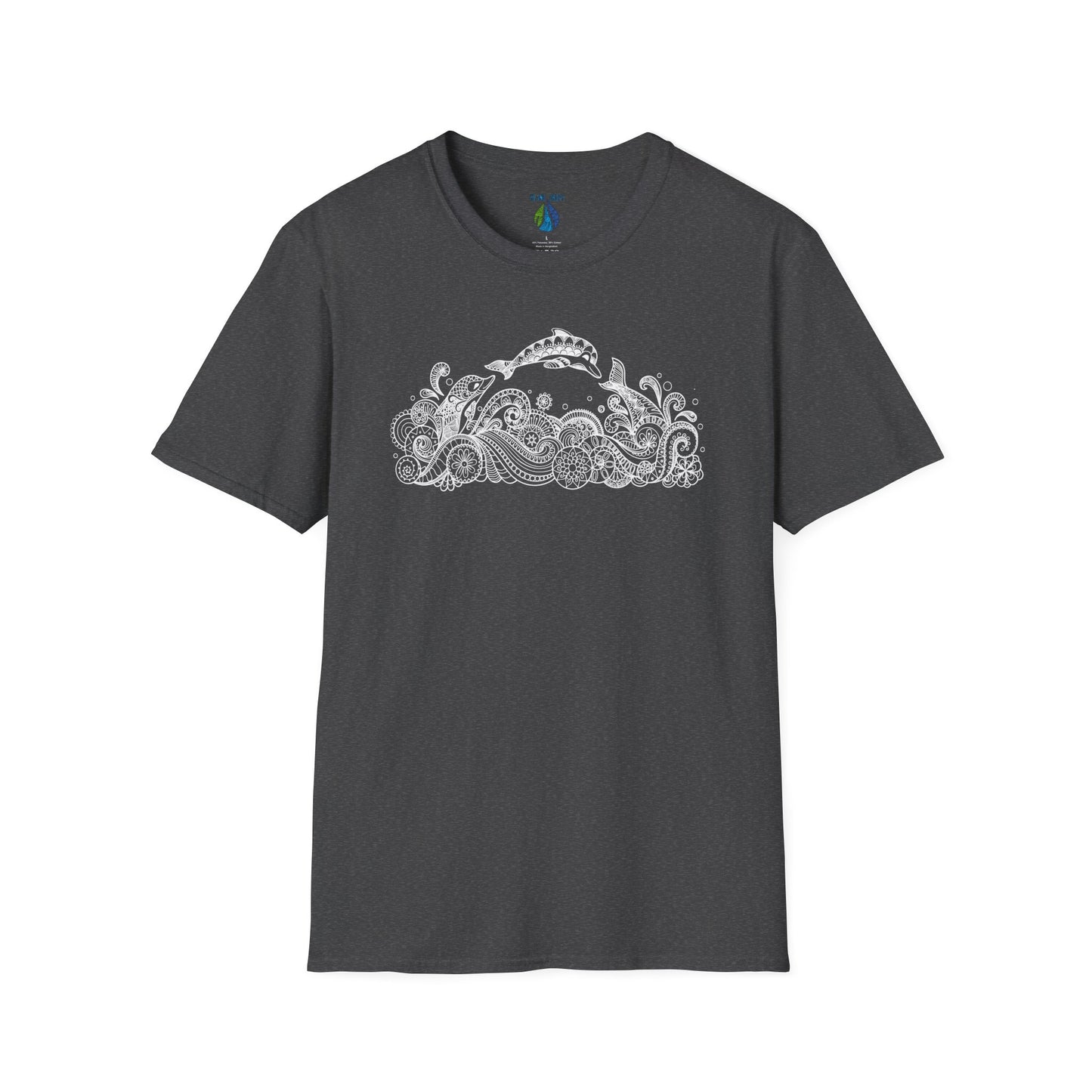 Gray t-shirt with dolphin and tribal tattoo style ocean graphic design - Island Drops t-shirt collection | Unisex t-shirts