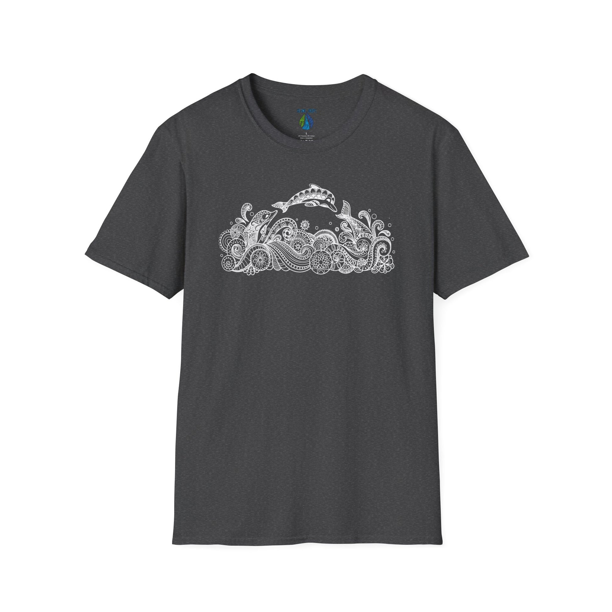 Gray t-shirt with dolphin and tribal tattoo style ocean graphic design - Island Drops t-shirt collection | Unisex t-shirts