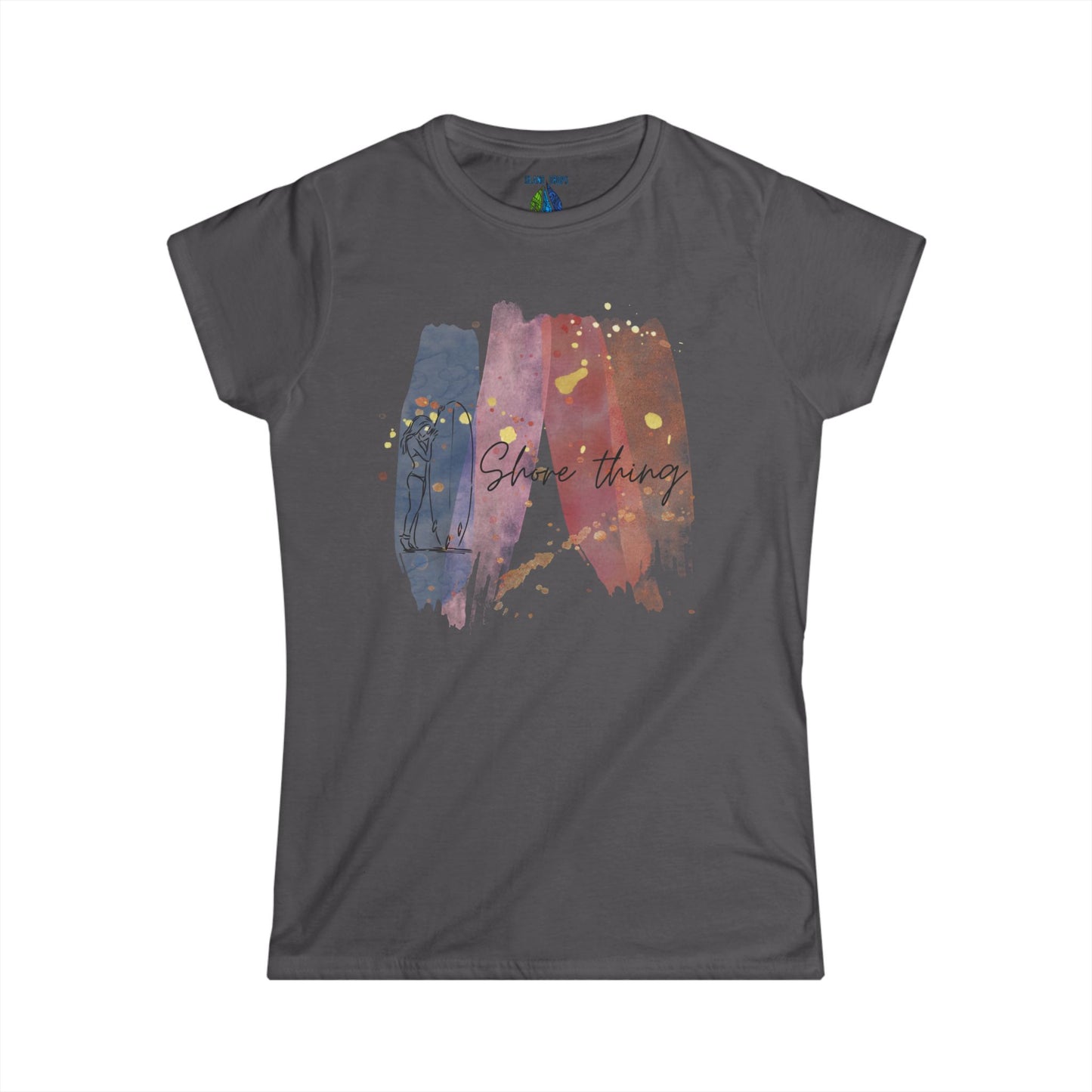 Gray women's cut t-shirt with 'Shore Thing' graphic design, surfboard and watercolor - Island Drops Women's collection | Women's cut t-shirt
